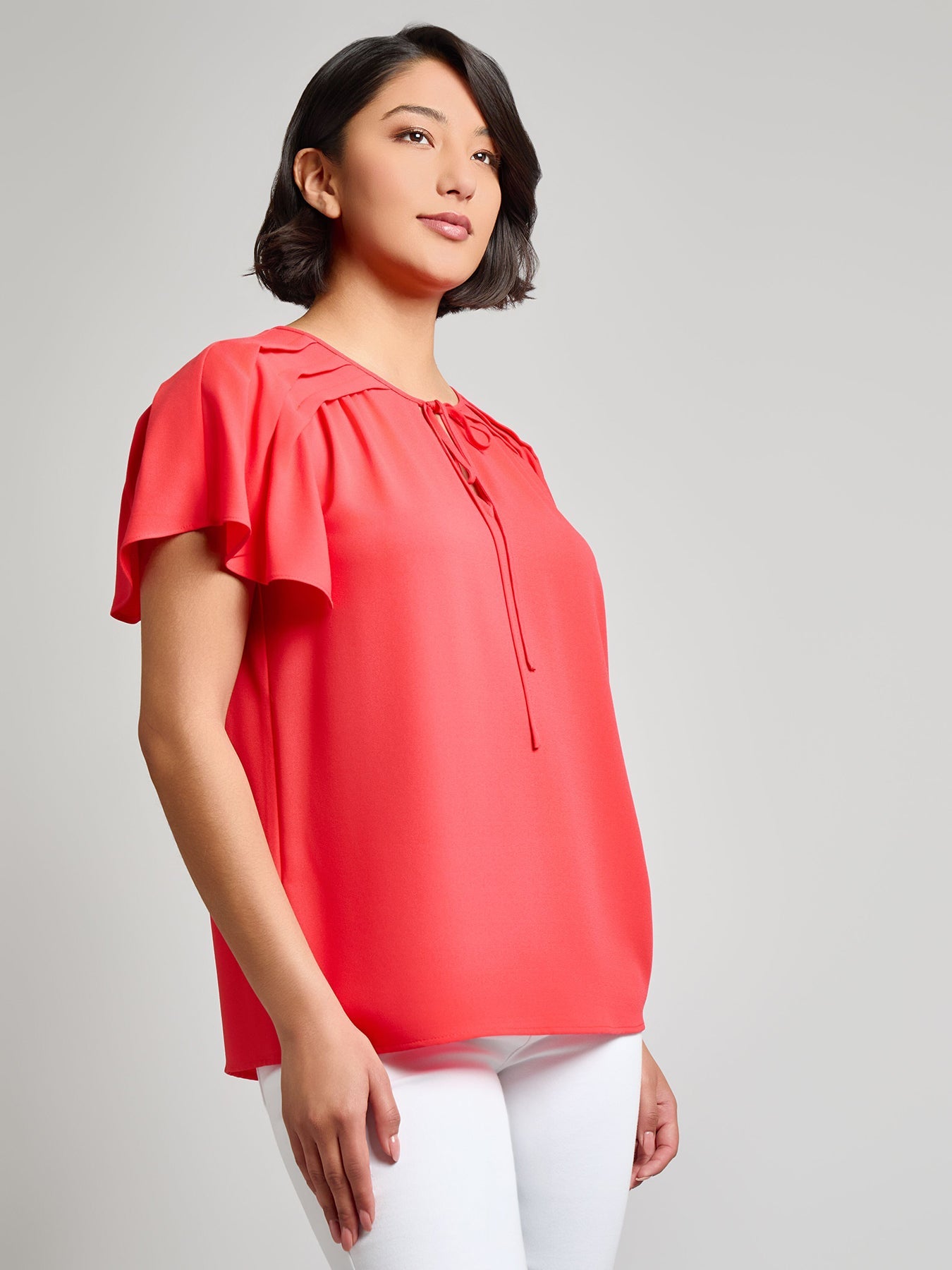 Petite Pleated Shoulder Flutter Sleeve Blouse, Jasper Crepe