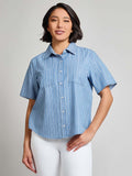 Petite Short Sleeve Button Front Top, Stripe Chambray