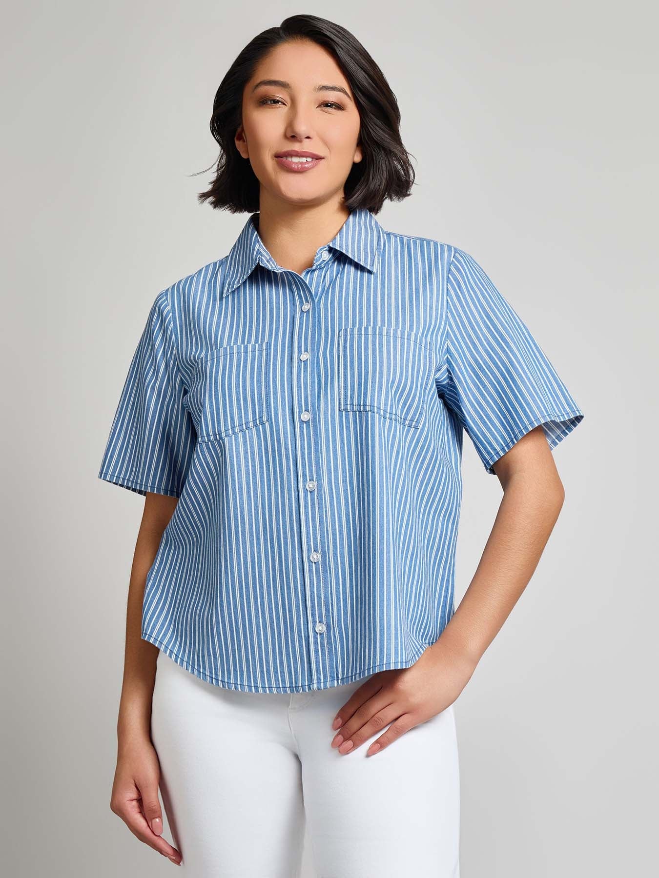 Short Sleeve Button Front Top, Stripe Chambray