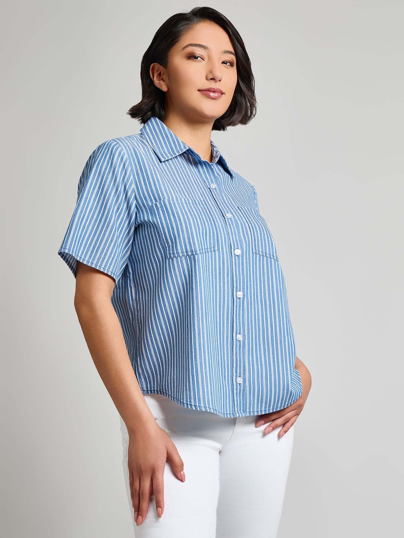 Petite Short Sleeve Button Front Top, Stripe Chambray