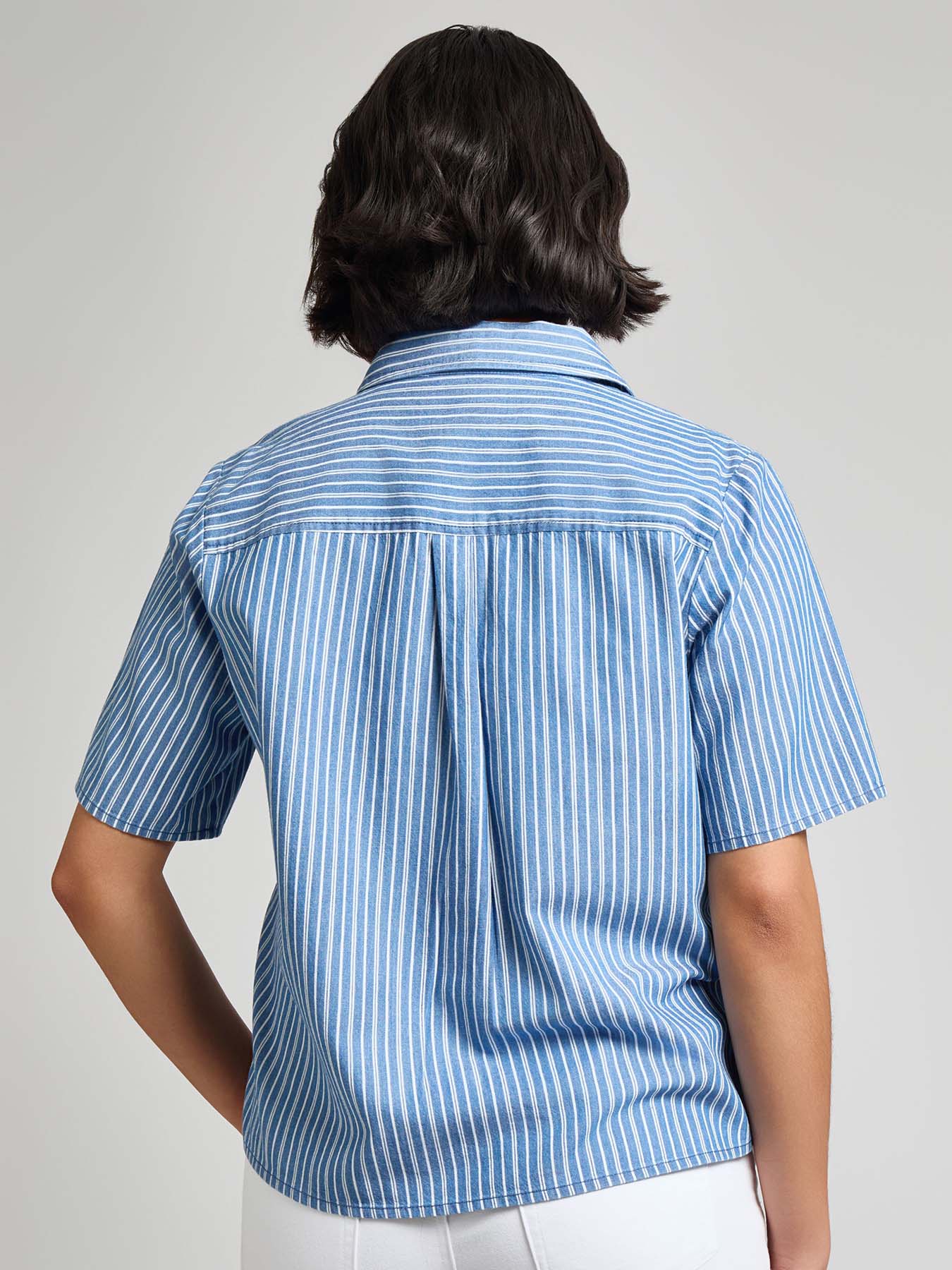 Petite Short Sleeve Button Front Top, Stripe Chambray