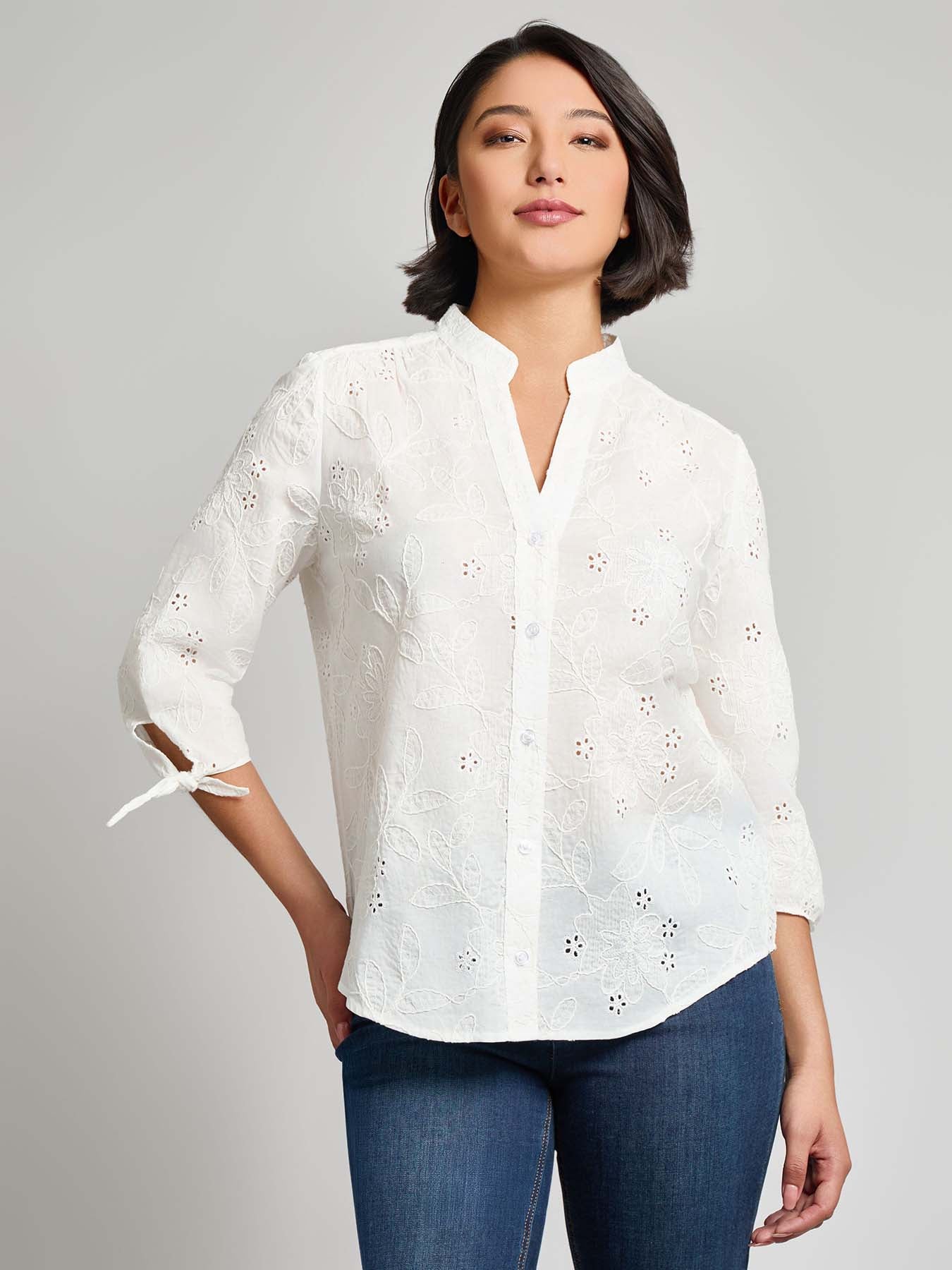 Petite Button Front Tie-Sleeve Shirt, Cotton Eyelet