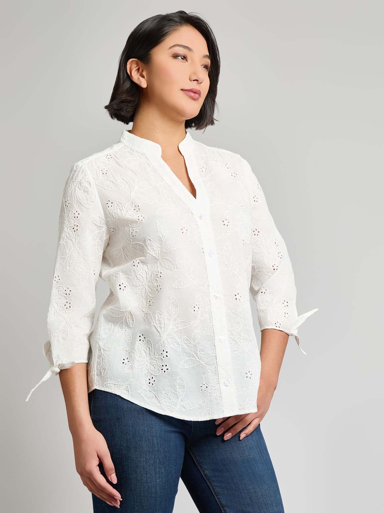 Petite Button Front Tie-Sleeve Shirt, Cotton Eyelet