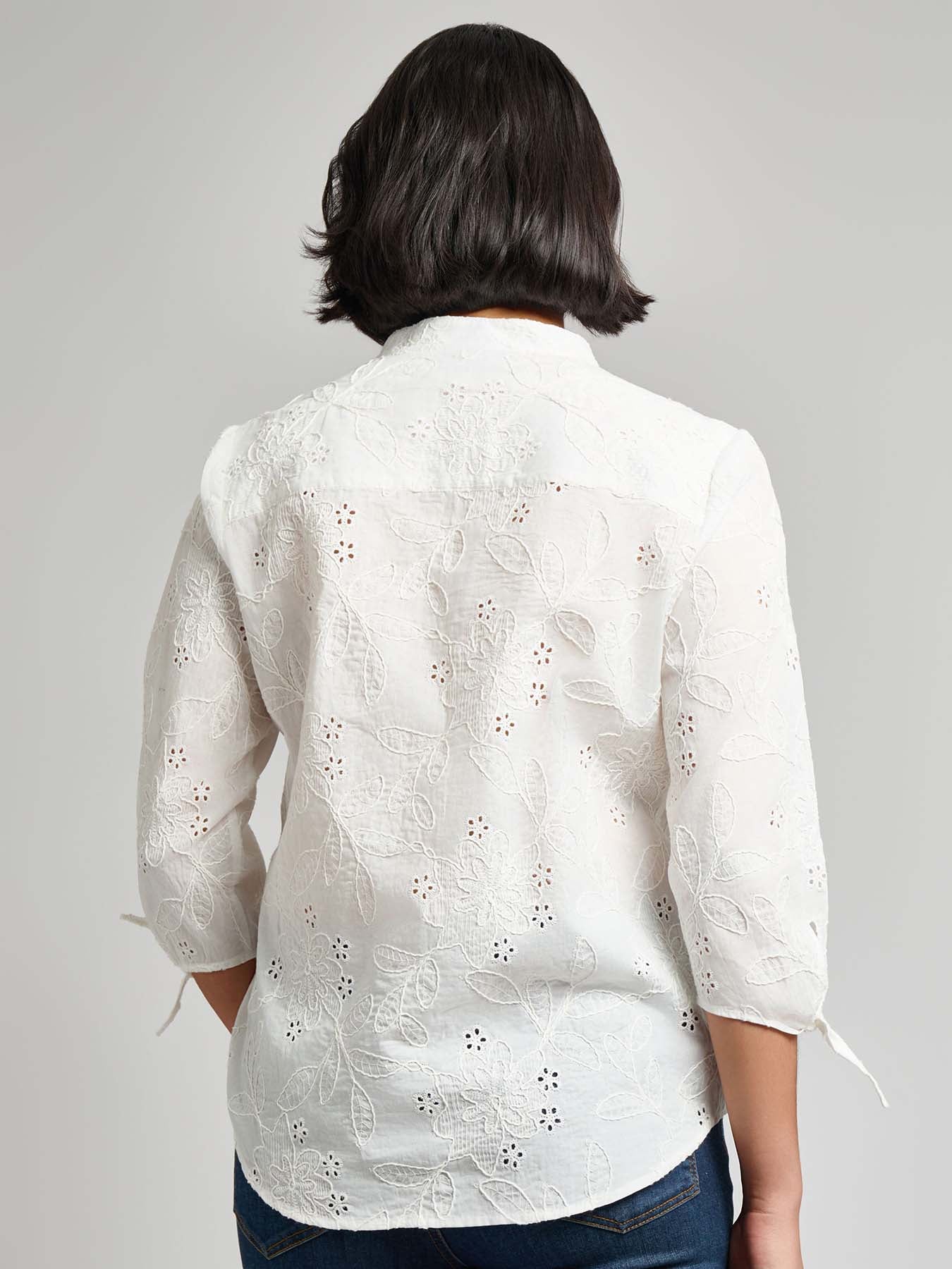 Petite Button Front Tie-Sleeve Shirt, Cotton Eyelet