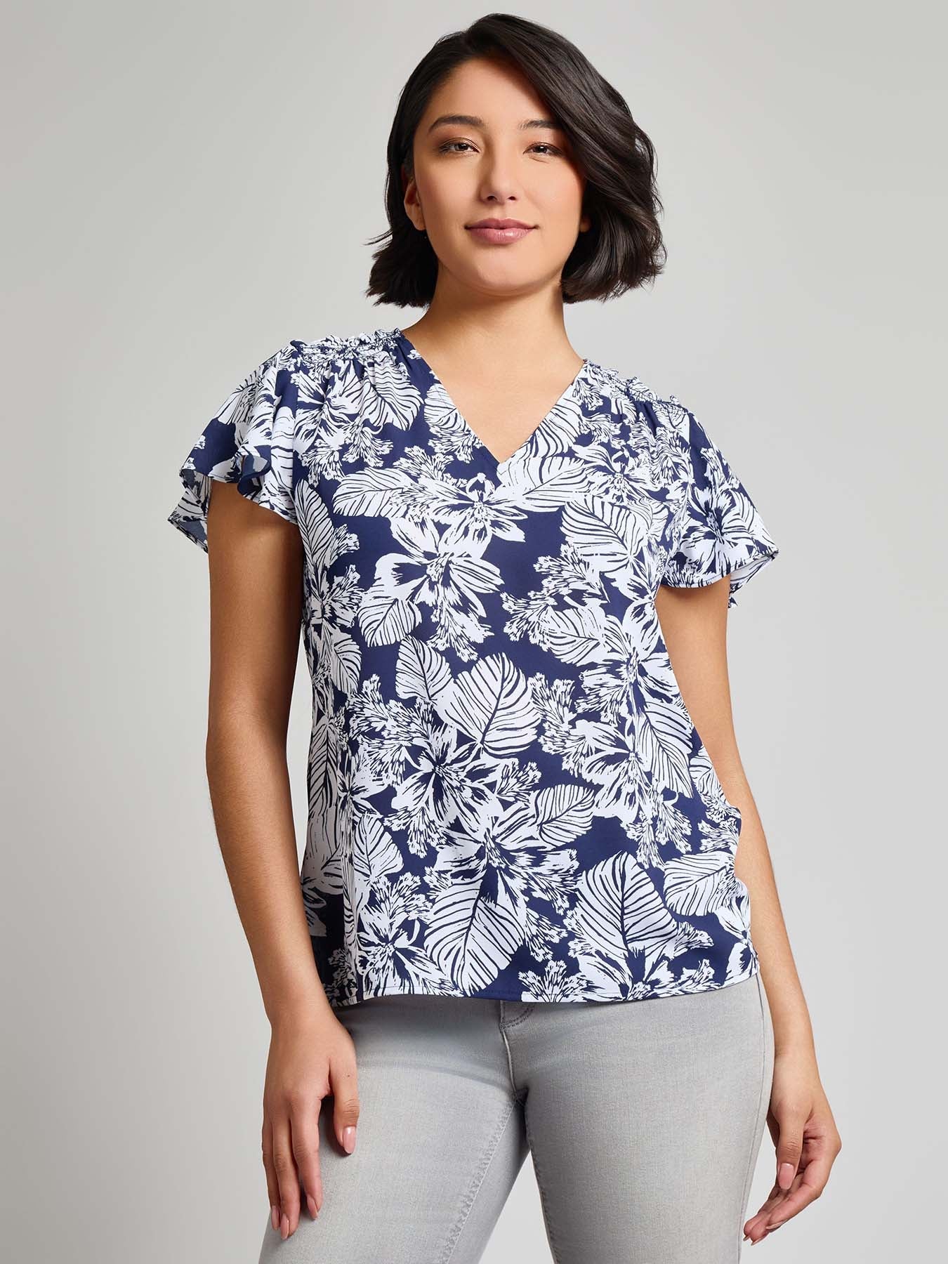 Flutter Sleeve V-Neck Blouse, Crepe de Chine