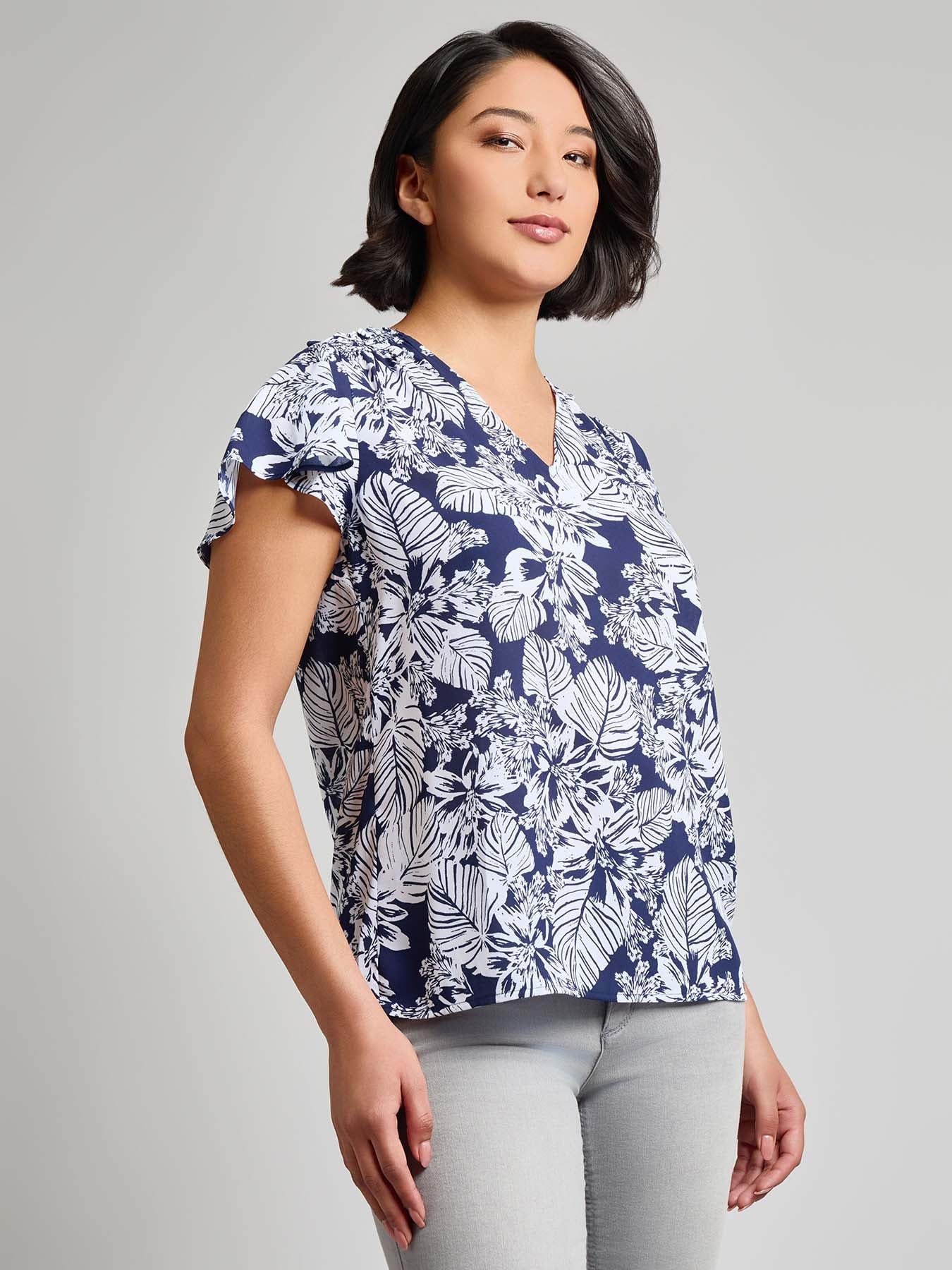 Petite Flutter Sleeve V-Neck Blouse, Crepe de Chine