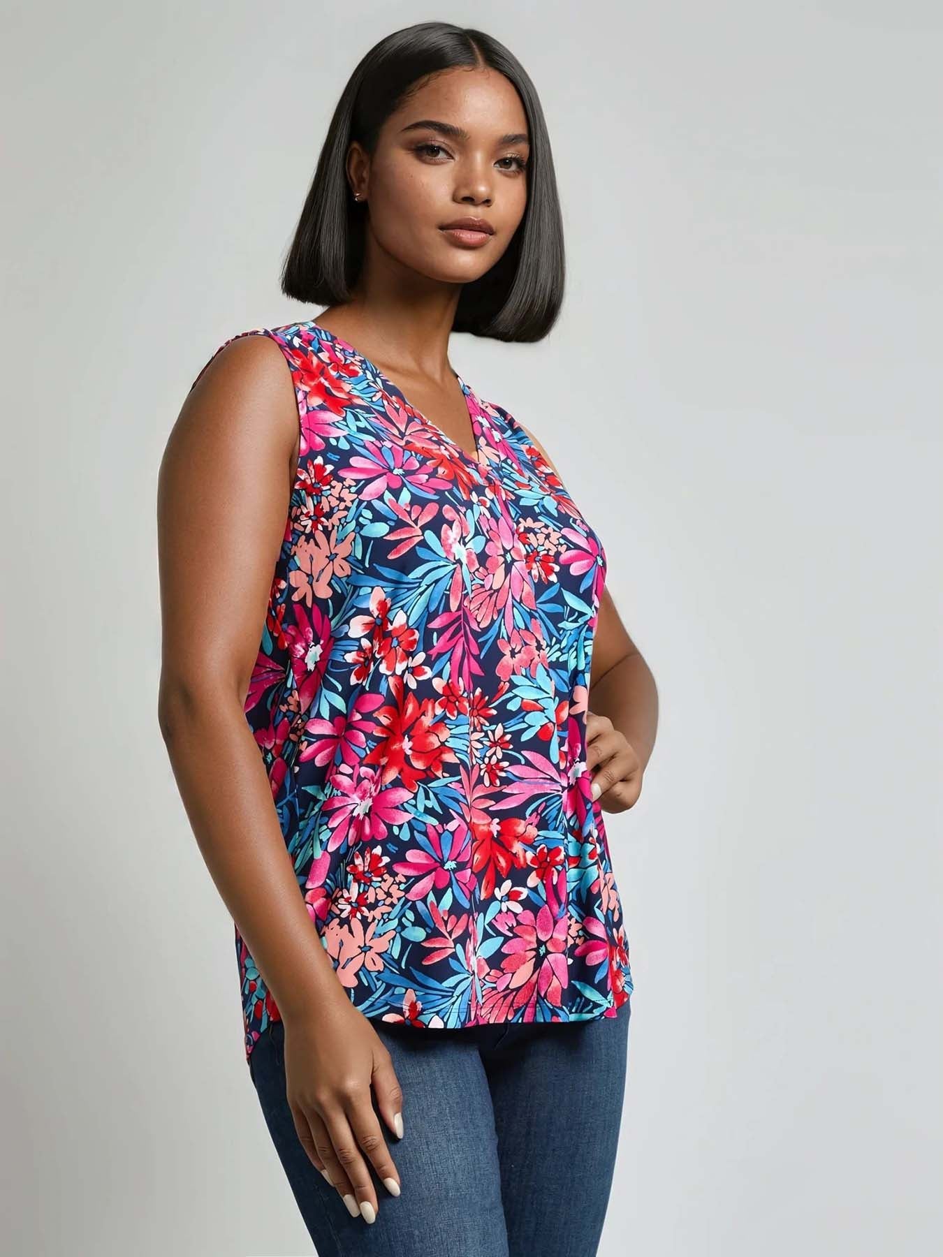 Sleeveless V-Neck Pleat Front Blouse