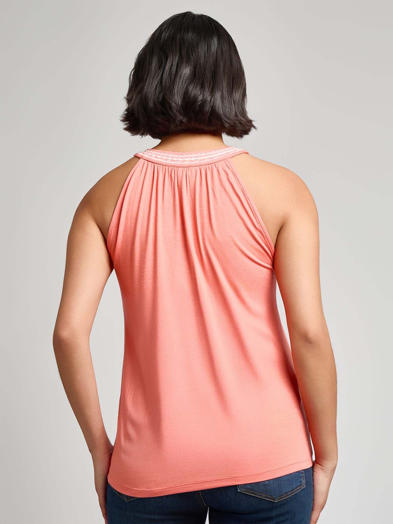 Embroidered Halter Neck Tank, Stretch Viscose