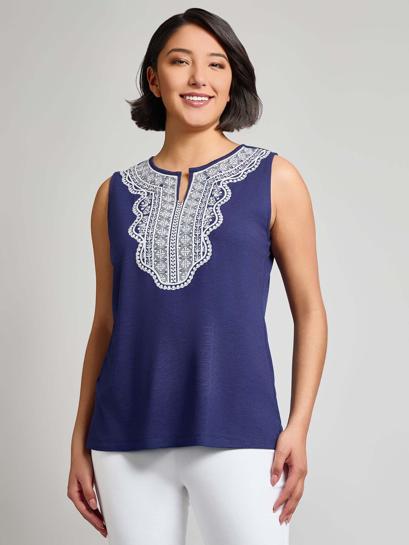 Sleeveless Split Neck Embroidered Tank