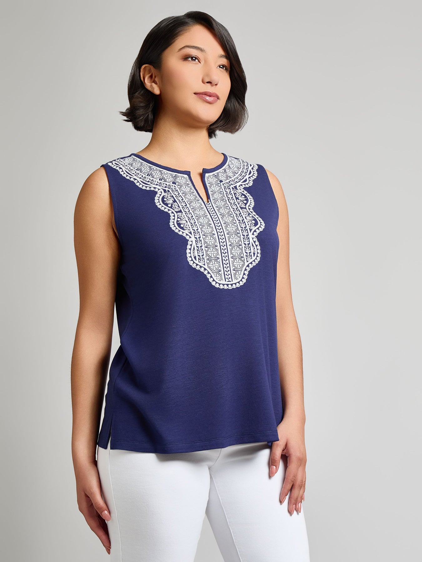 Petite Sleeveless Split Neck Embroidered Tank