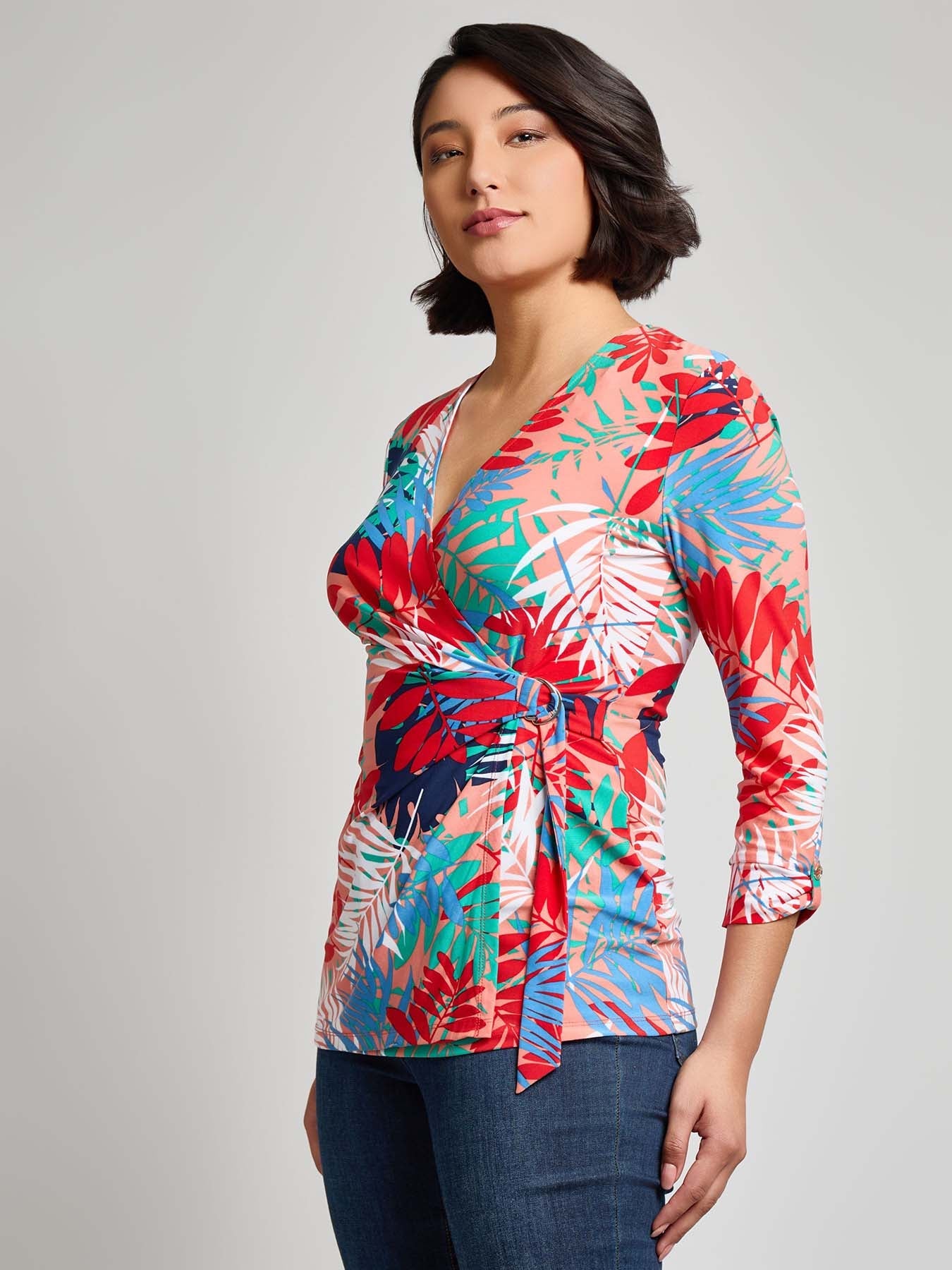Faux Wrap Floral Top, Stretch Jersey