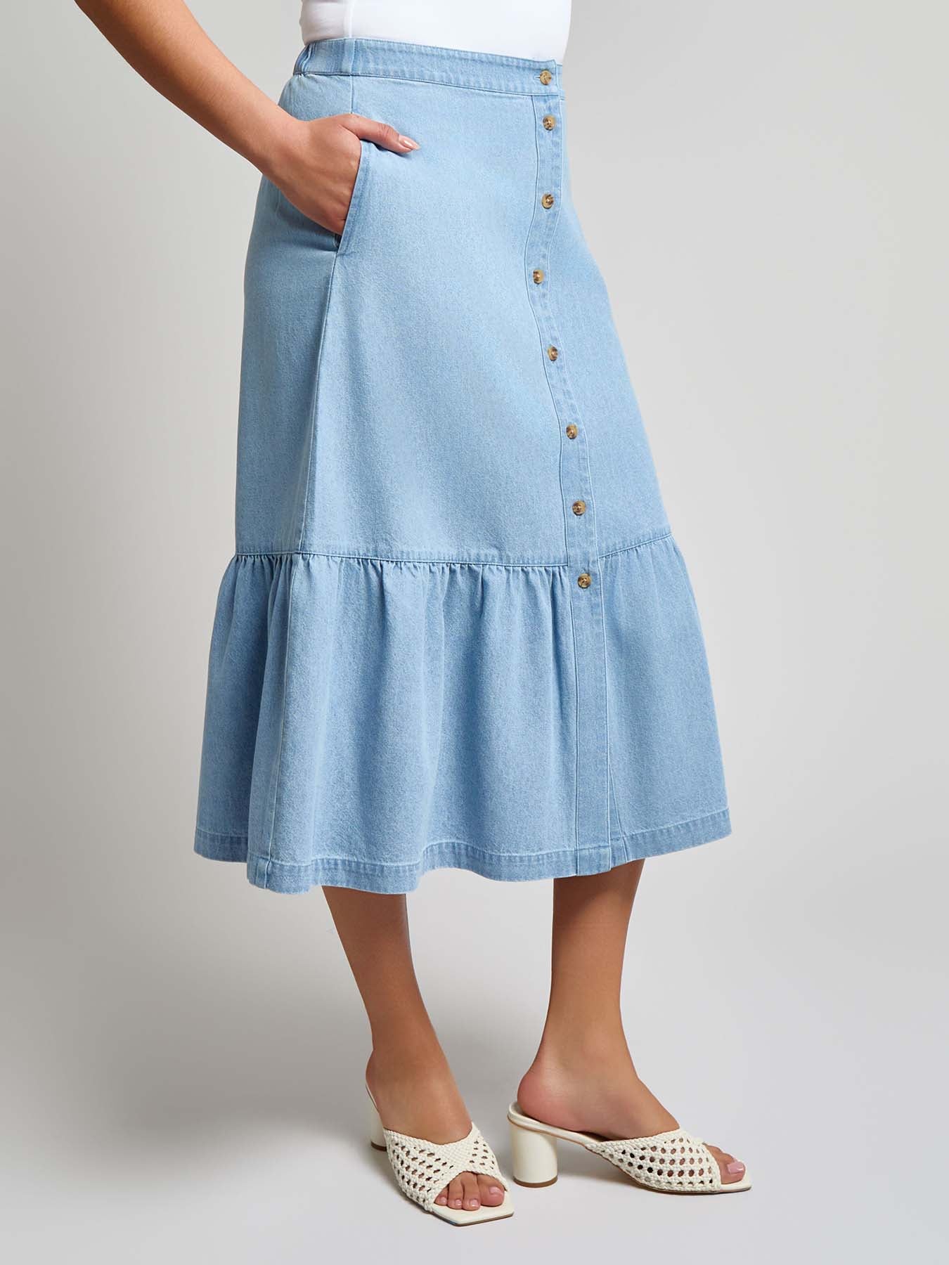 Flounced Button Front Skirt, Chambray