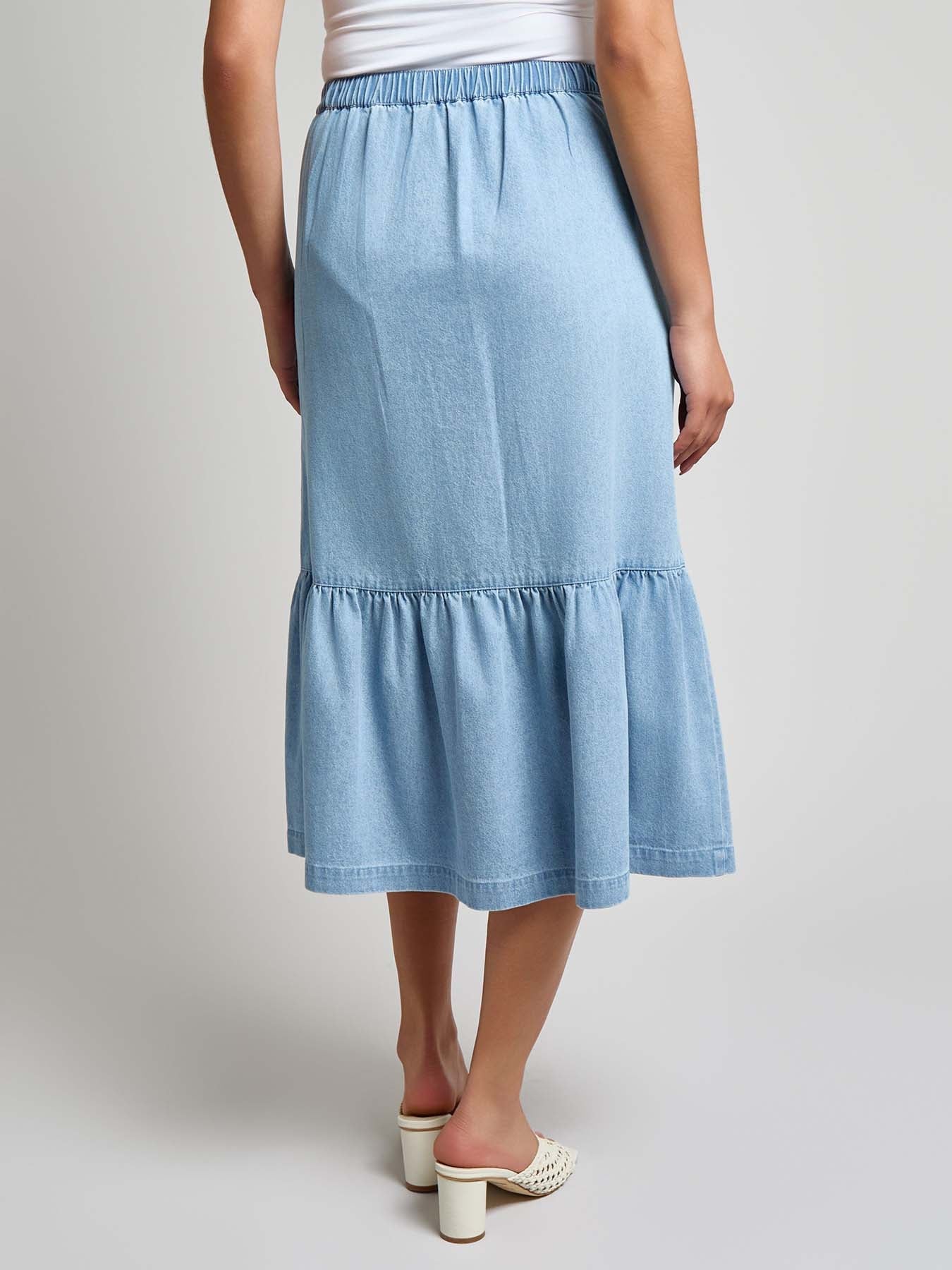 Petite Flounced Button Front Skirt, Chambray