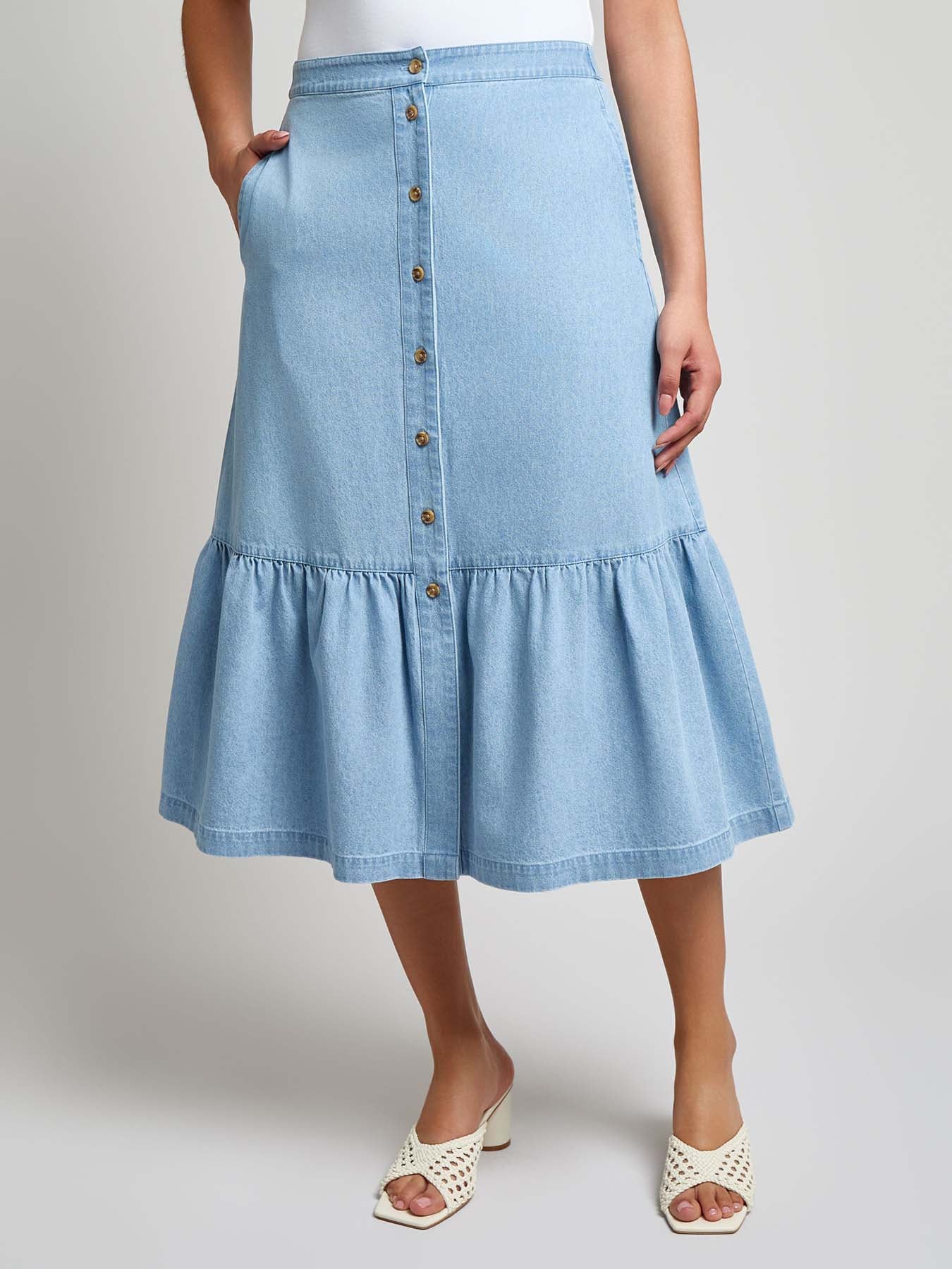 Flounced Button Front Skirt, Chambray