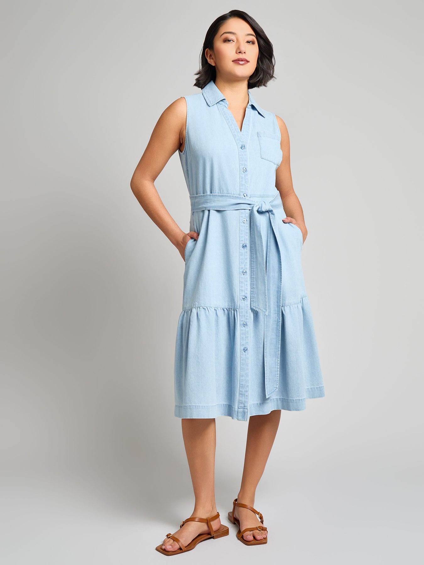 Petite Sleeveless Belted Dress, Chambray