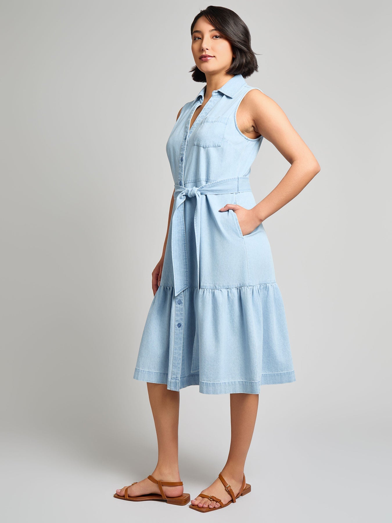 Sleeveless Belted Dress, Chambray