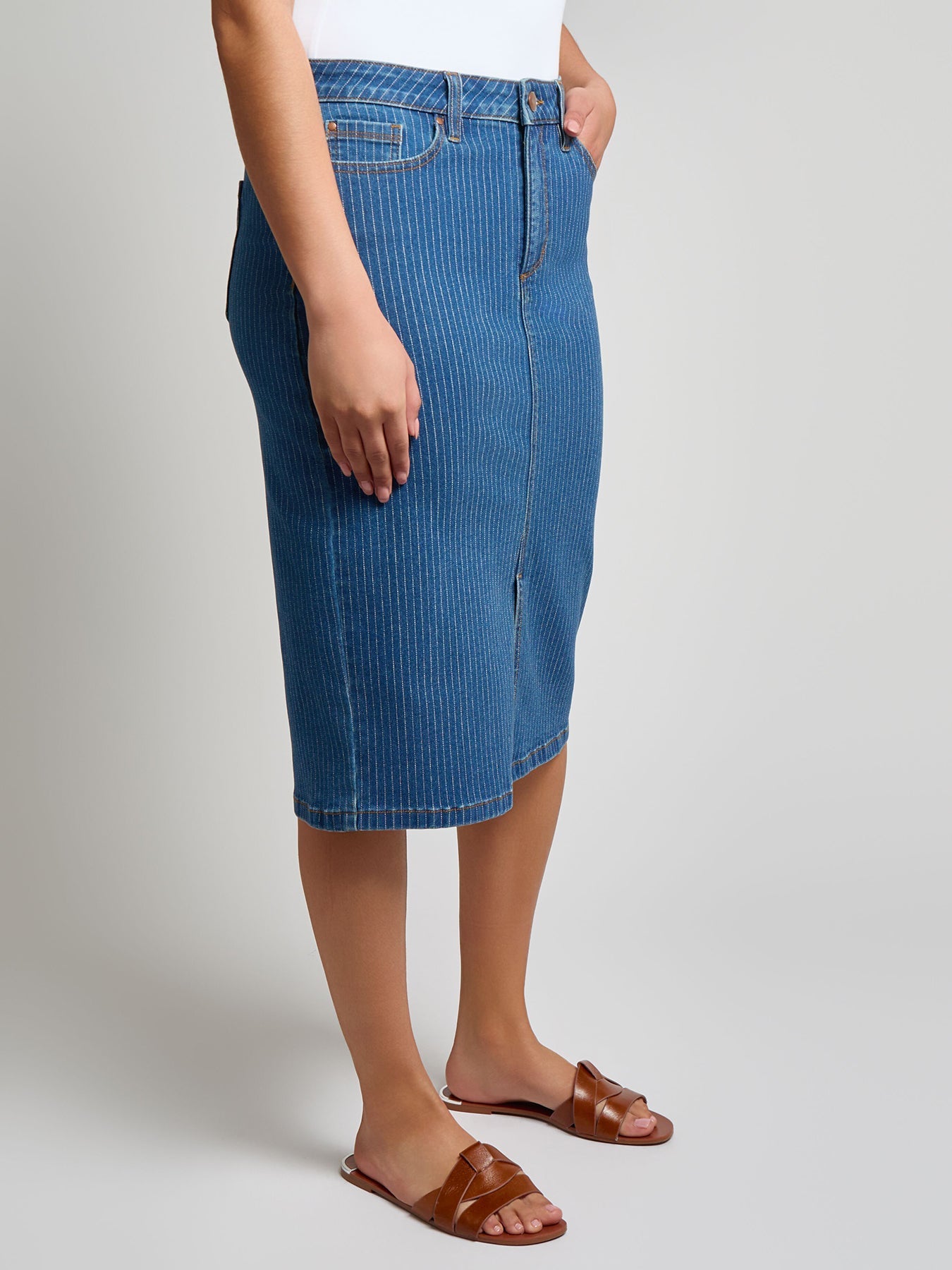 Denim Midi Front Slit Skirt, Indigo Pinstripe