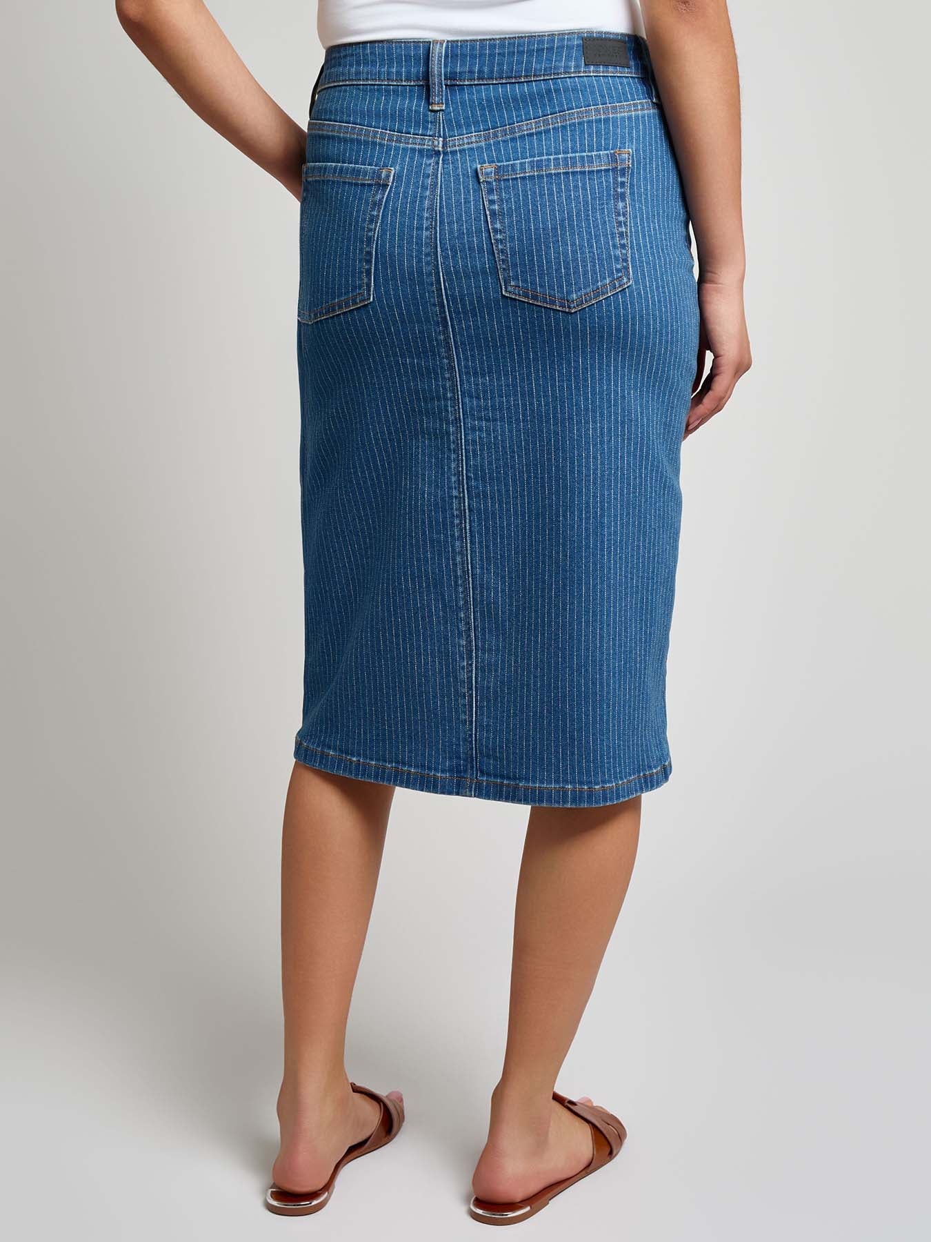 Denim Midi Front Slit Skirt, Indigo Pinstripe