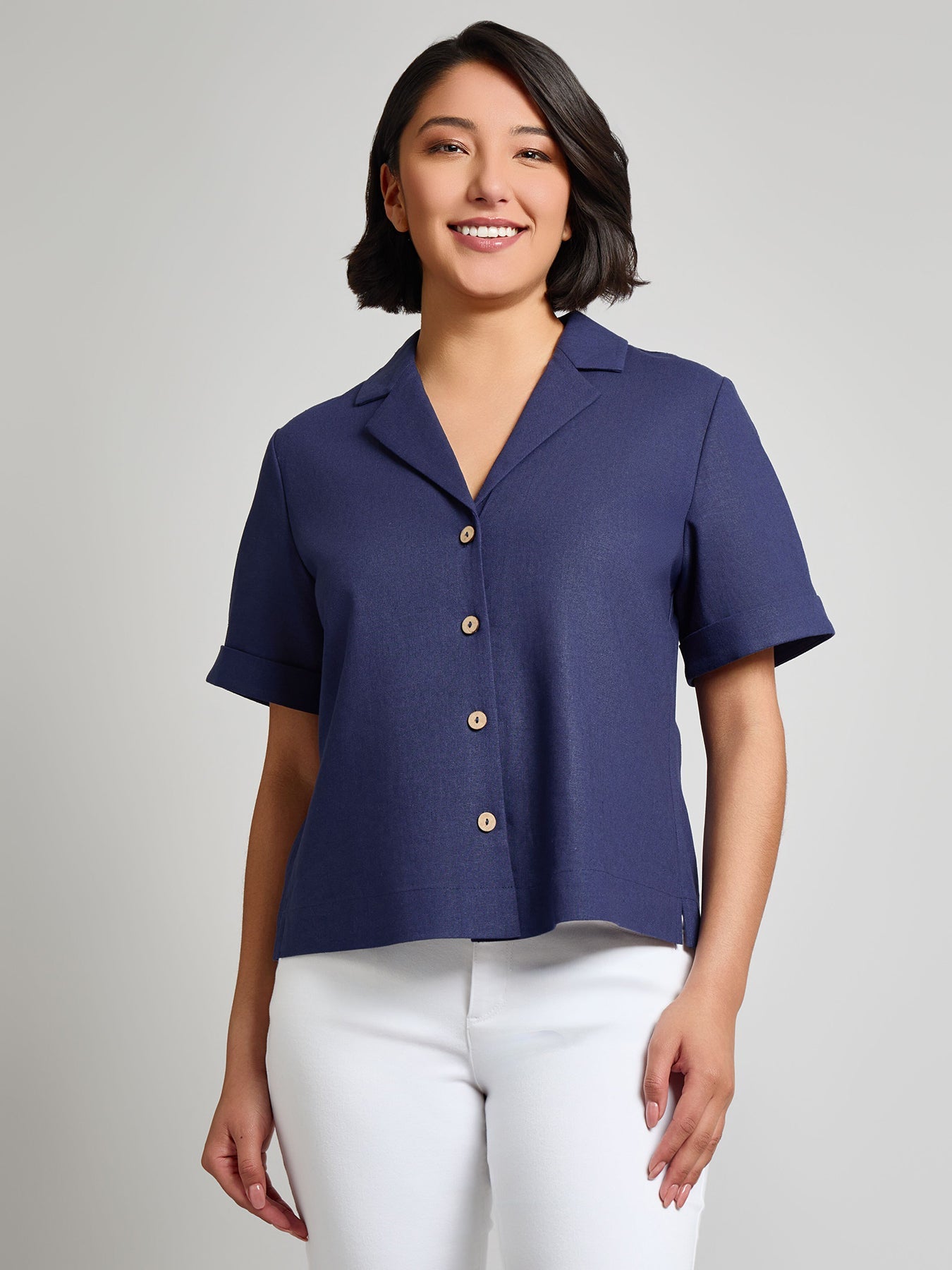 Notch Collar Button Front Shirt, Linen Blend