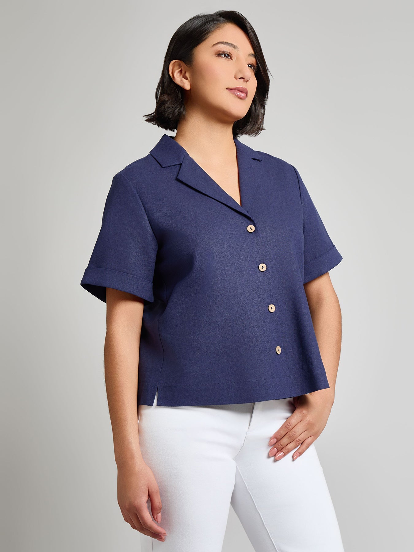 Notch Collar Button Front Shirt, Linen Blend