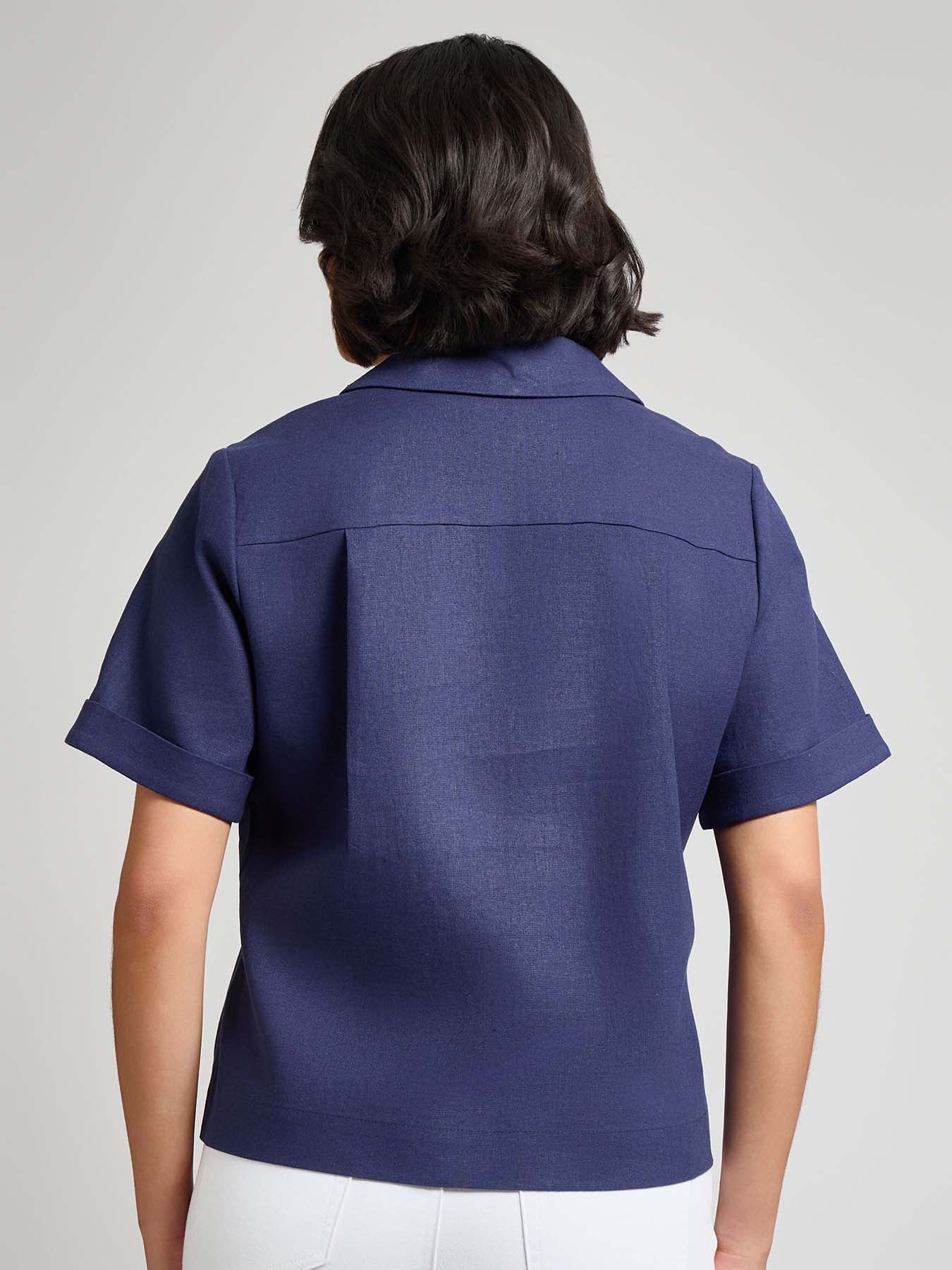 Notch Collar Button Front Shirt, Linen Blend