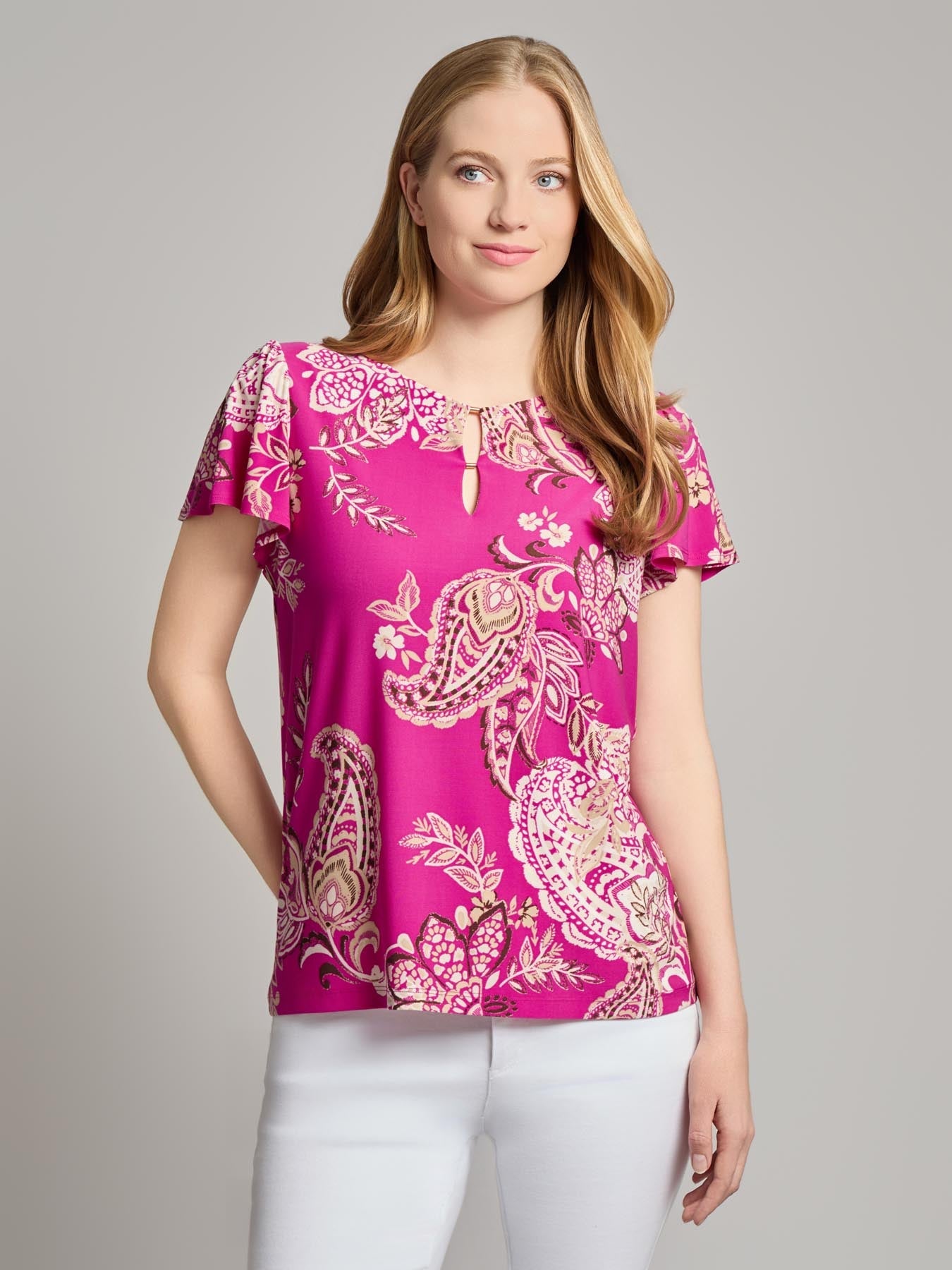Flutter Sleeve Keyhole Neckline Top