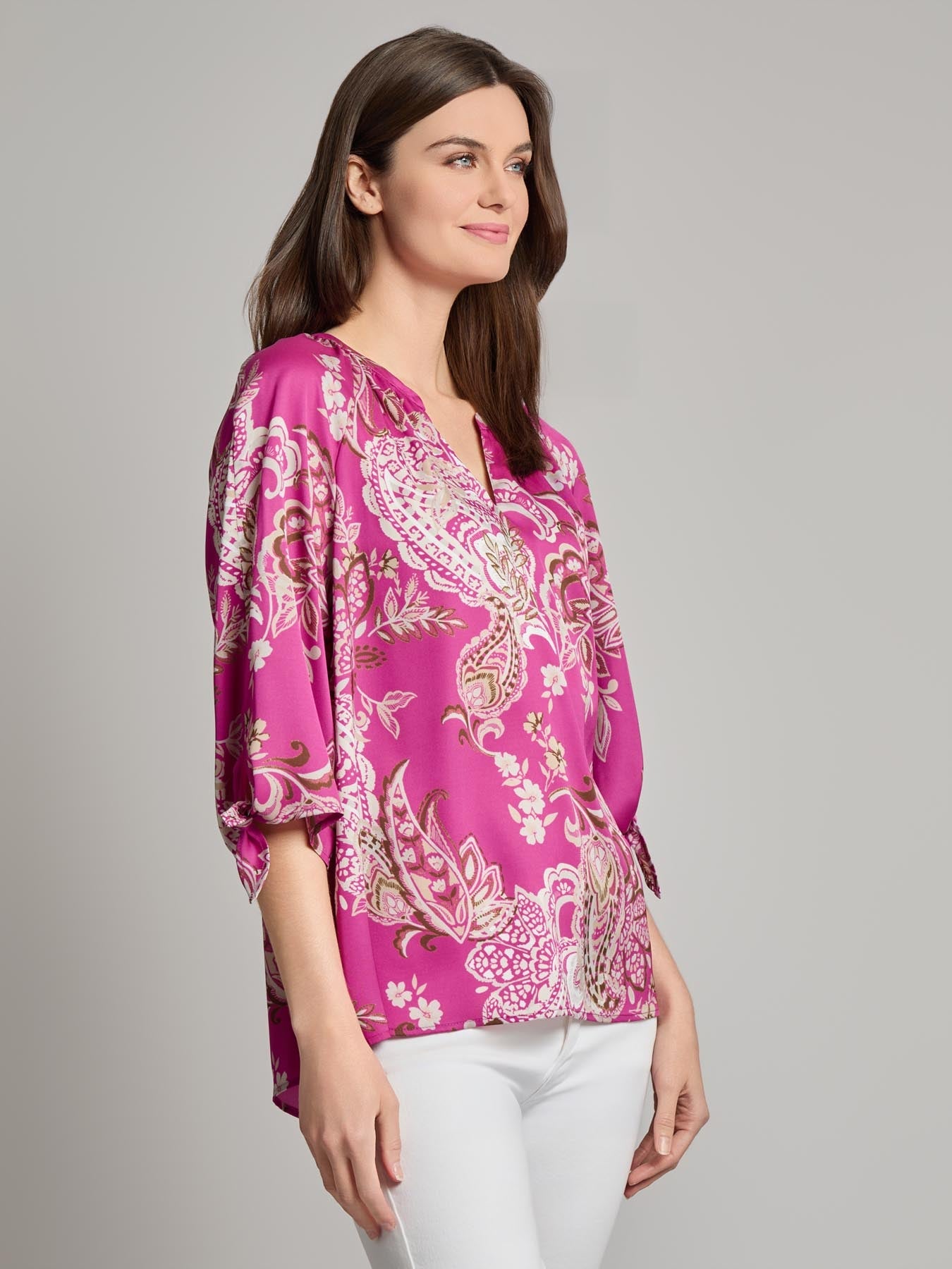 V-Neck Print Tie-Sleeve Blouse