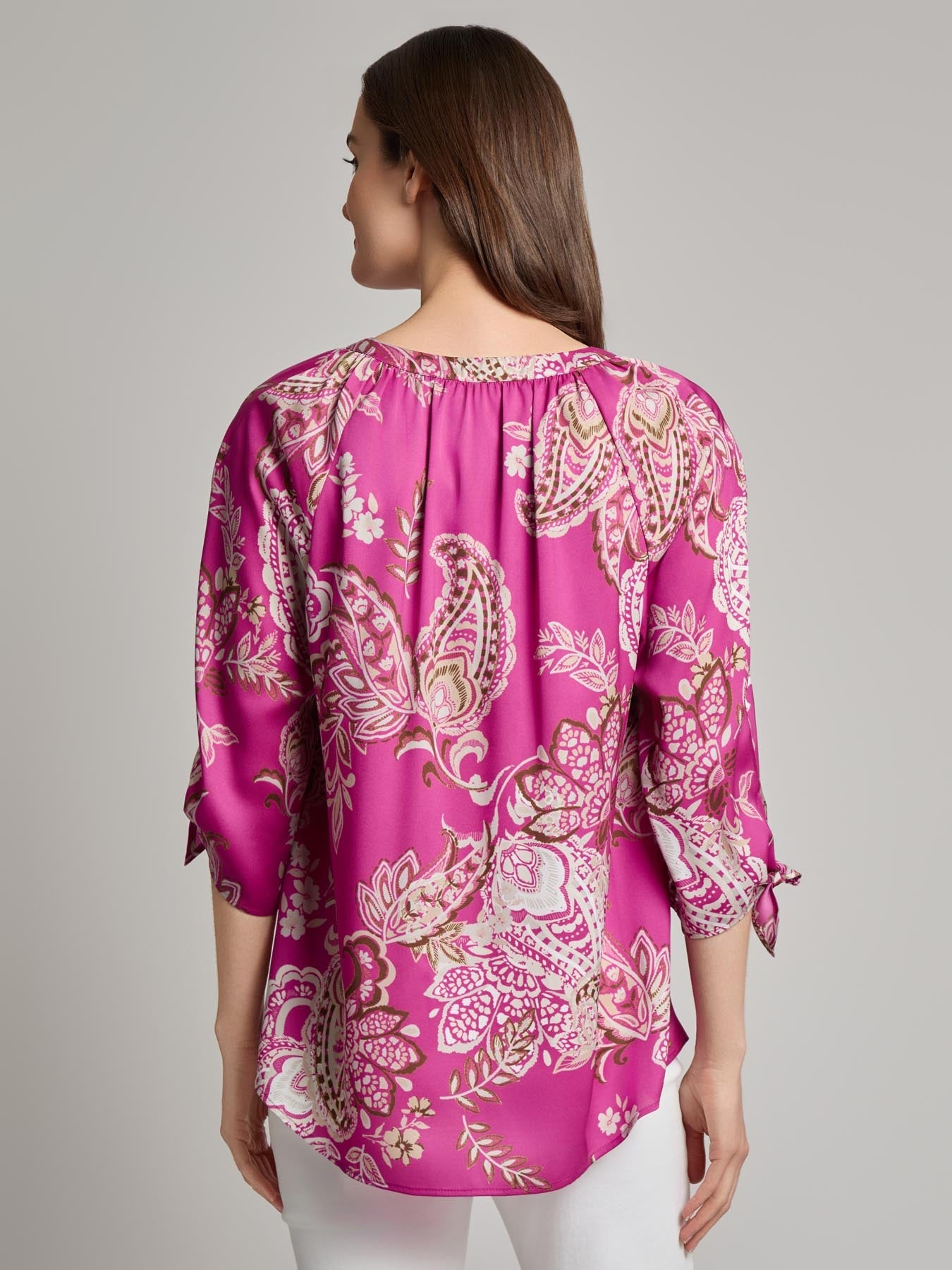 Plus V-Neck Print Tie-Sleeve Blouse