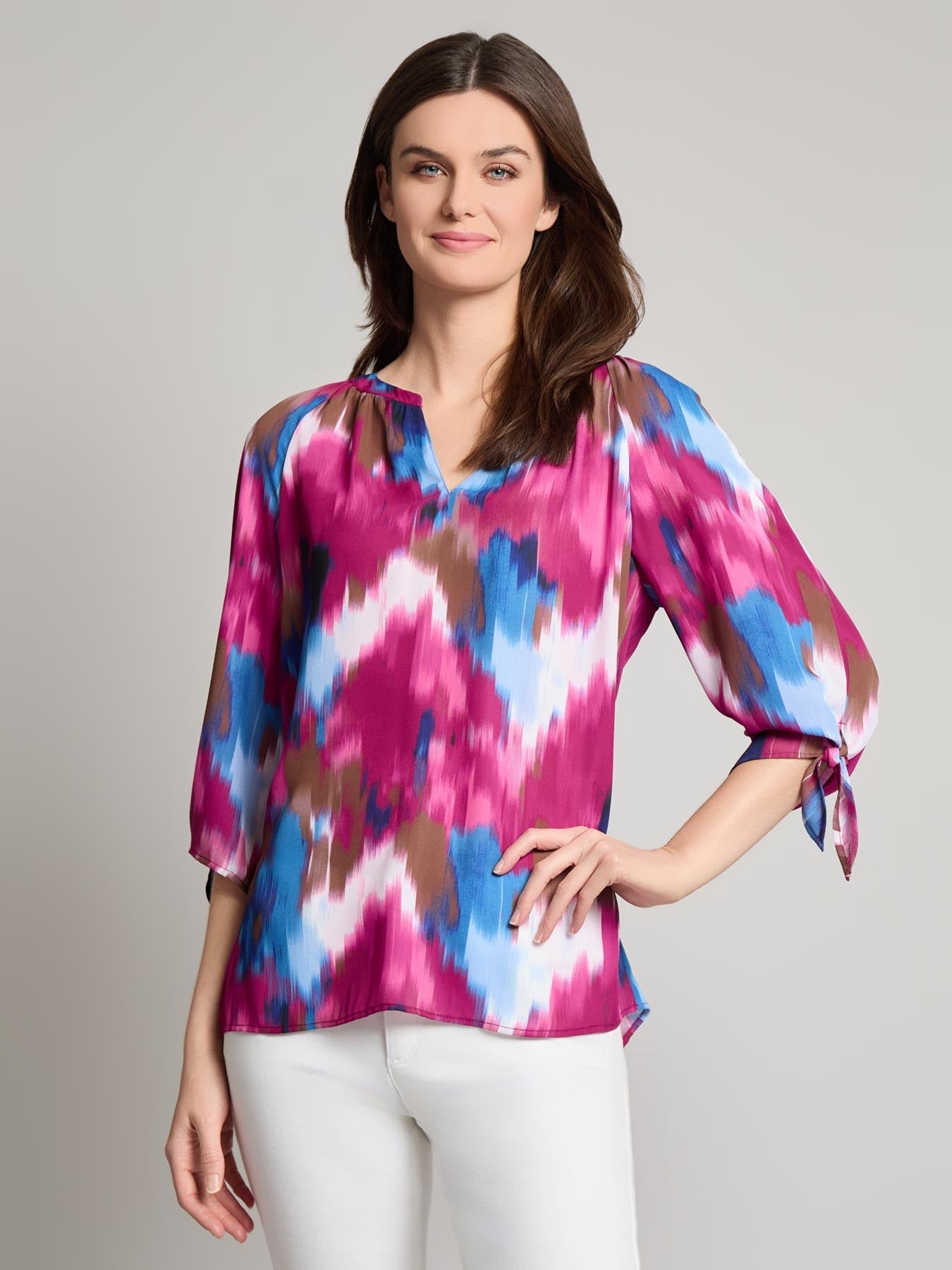 V-Neck Print Tie-Sleeve Blouse
