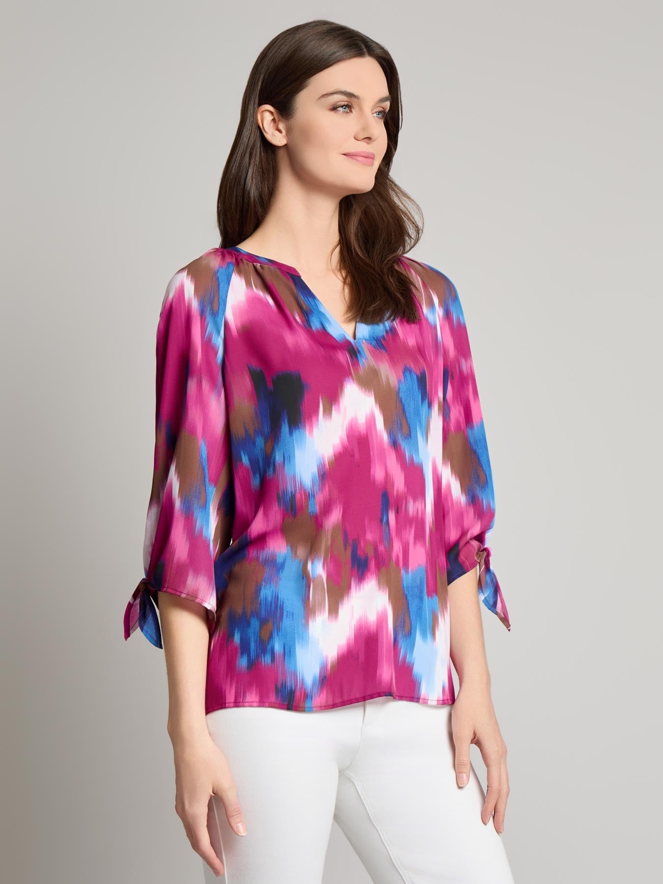 V-Neck Print Tie-Sleeve Blouse