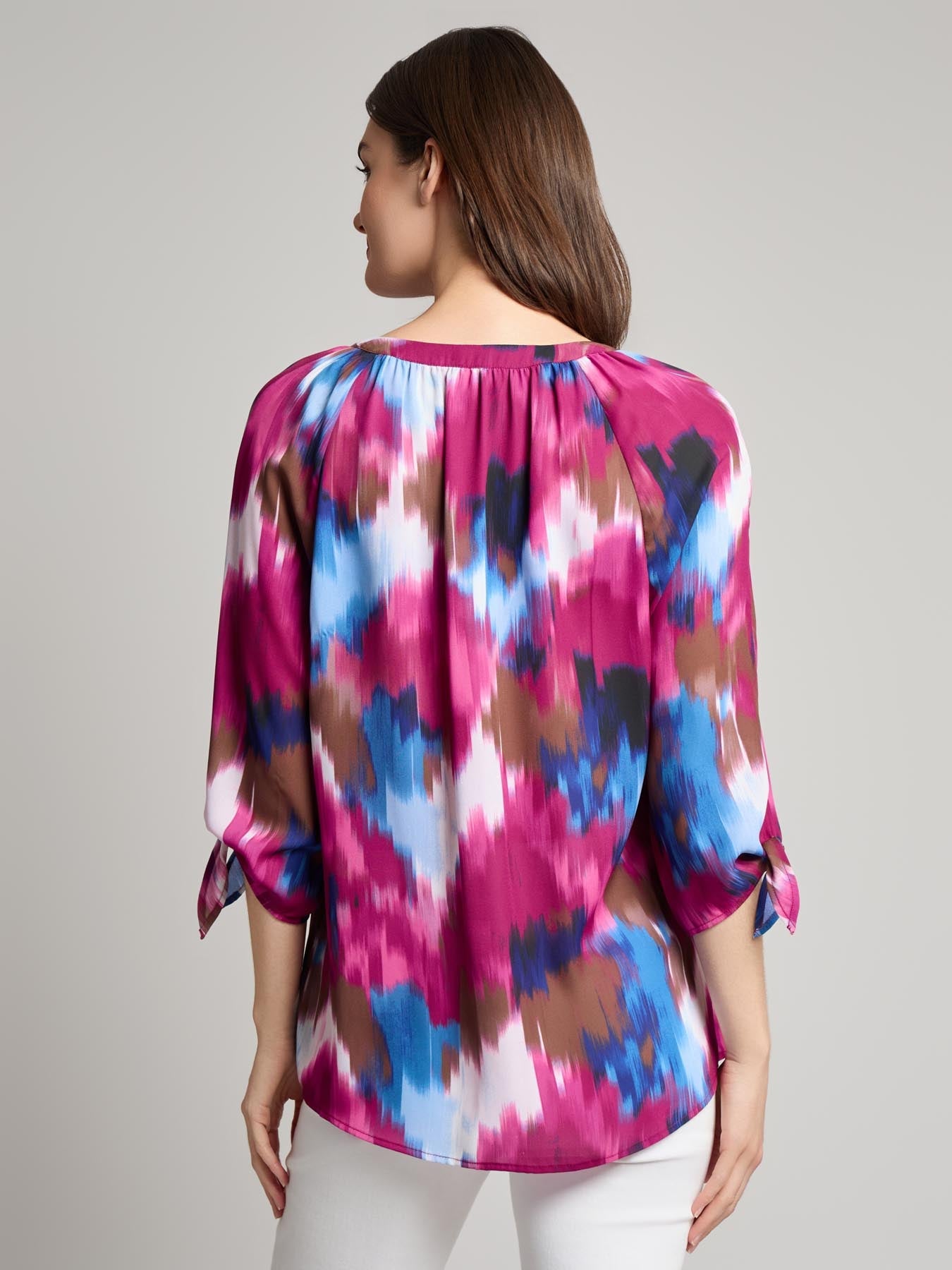 V-Neck Print Tie-Sleeve Blouse