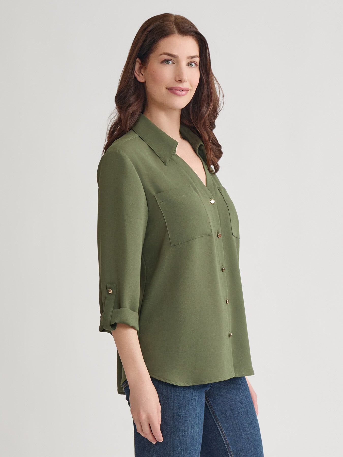 Y-Neck Button Front Tunic, Jasper Crepe