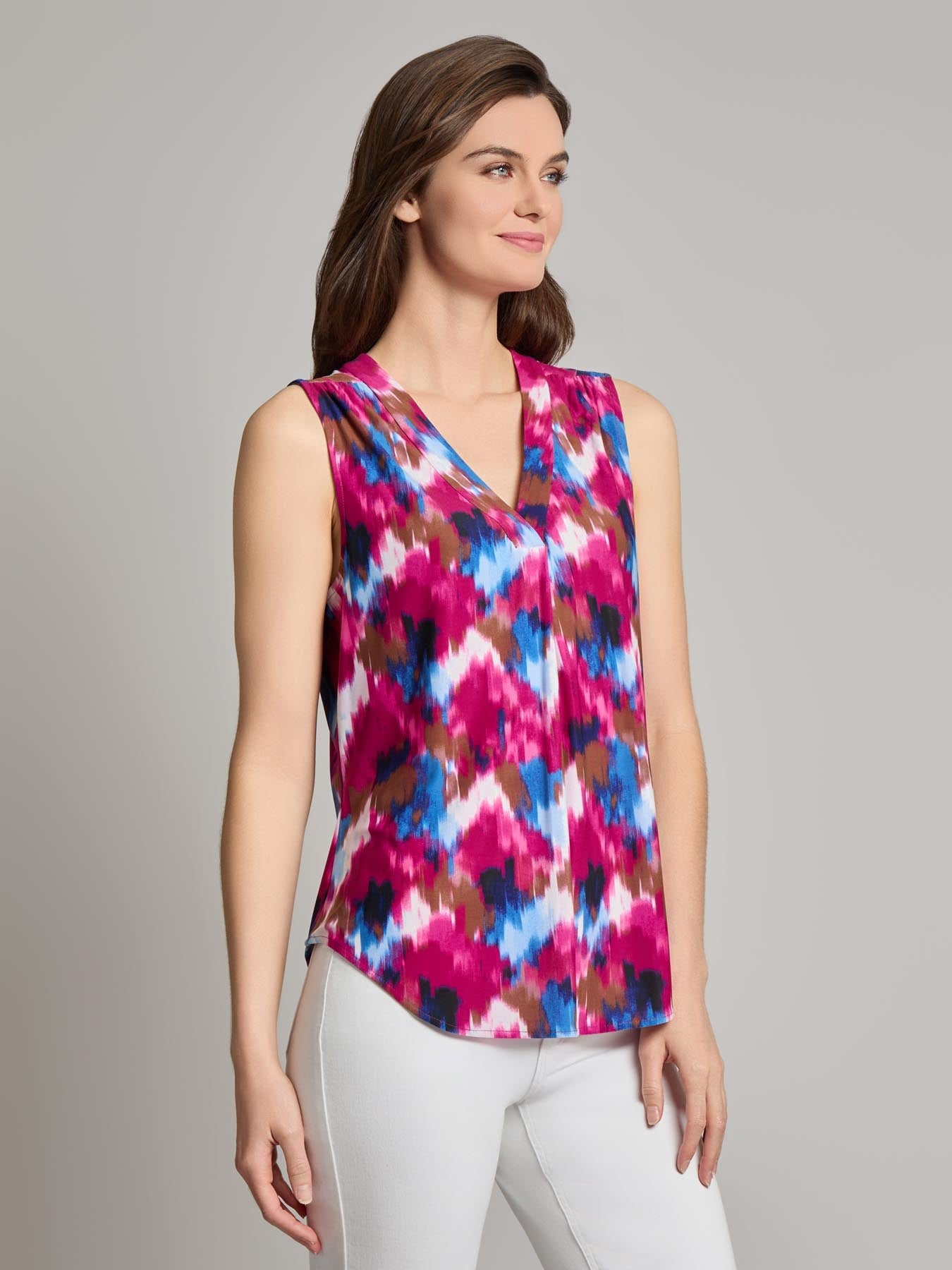 Sleeveless V-Neck Pleat Front Blouse