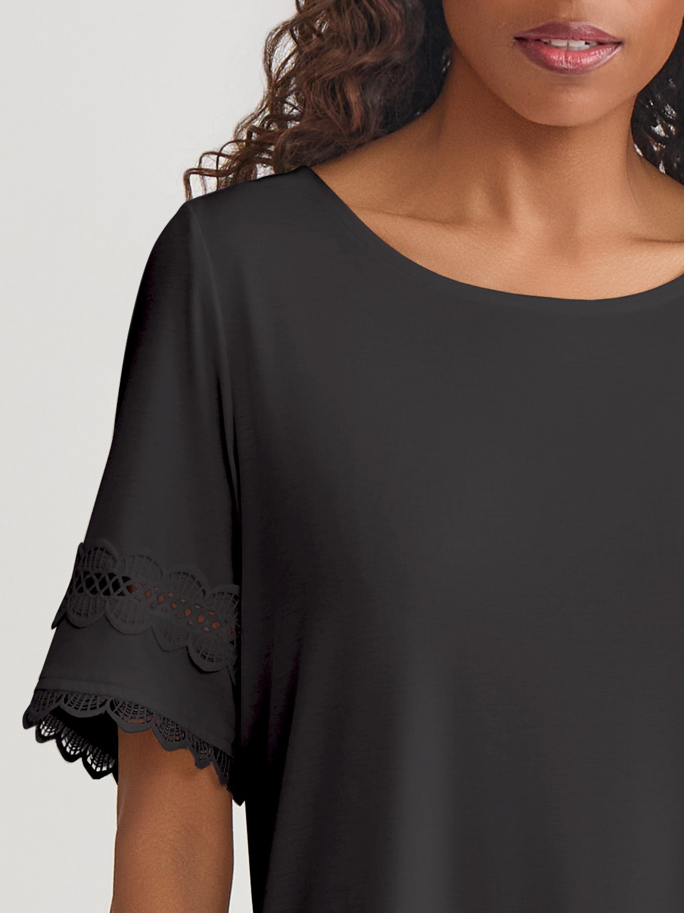 Plus Elbow Sleeve Trim Top, Cotton Elastane