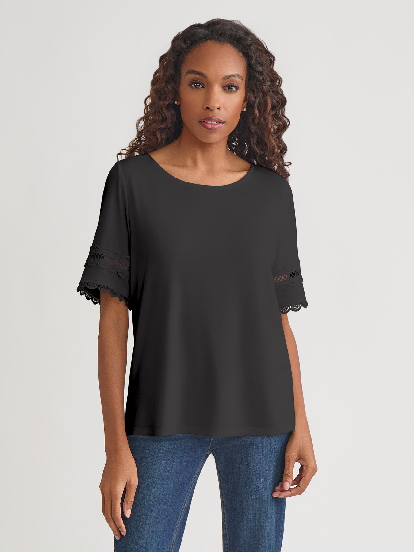 Elbow Sleeve Trim Top, Cotton Elastane