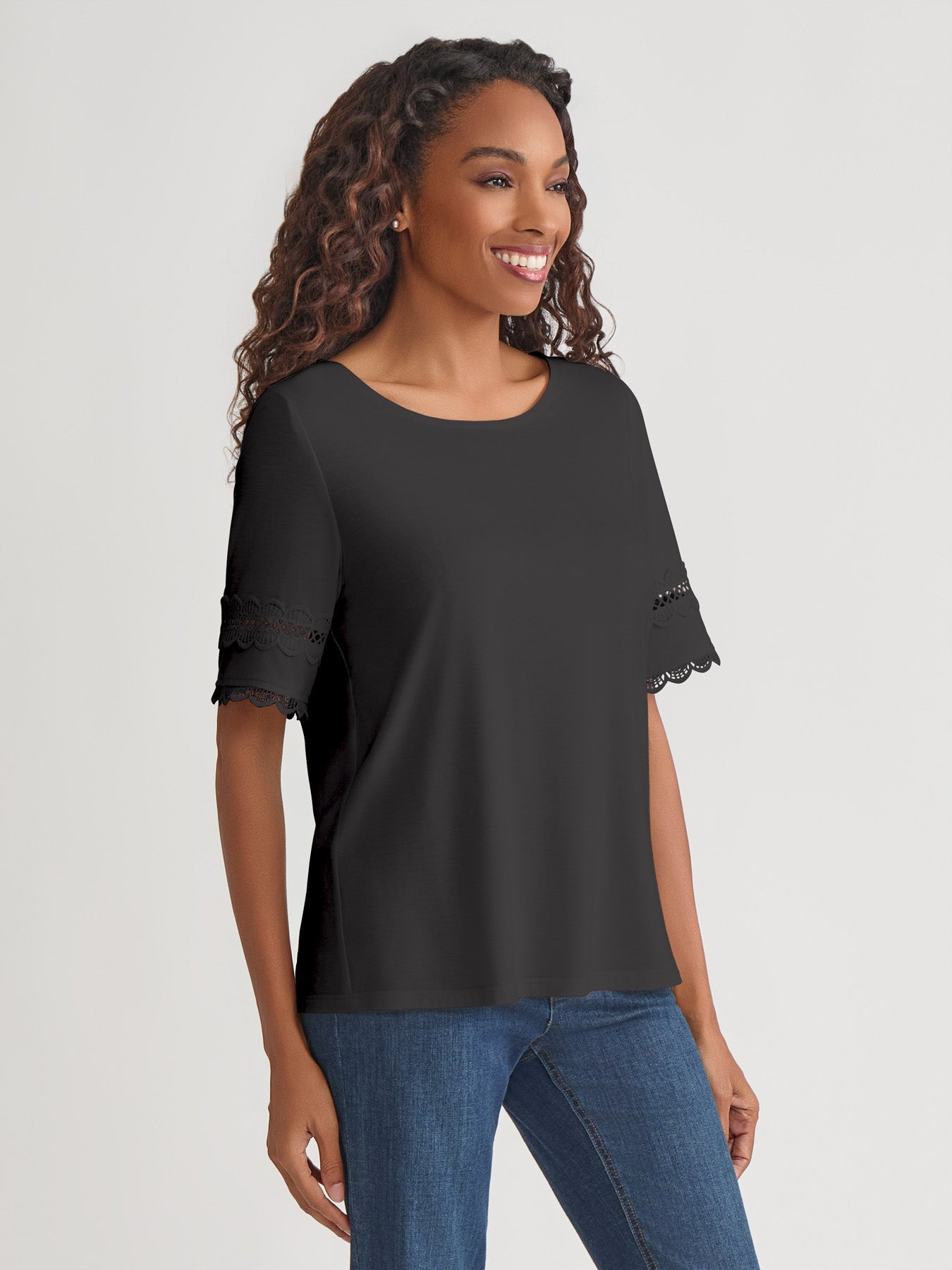 Elbow Sleeve Trim Top, Cotton Elastane