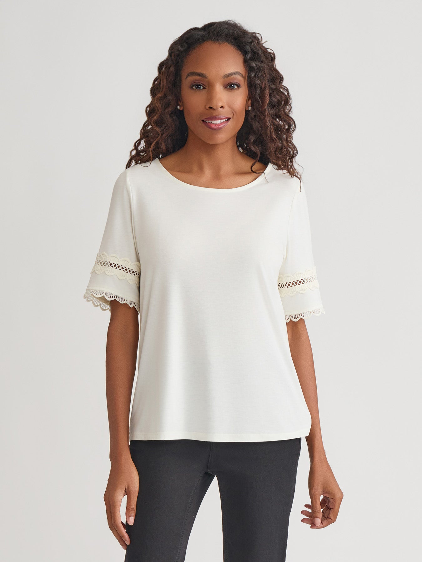 Elbow Sleeve Trim Top, Cotton Elastane