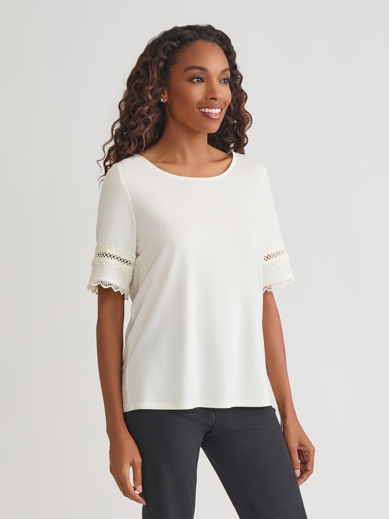 Elbow Sleeve Trim Top, Cotton Elastane