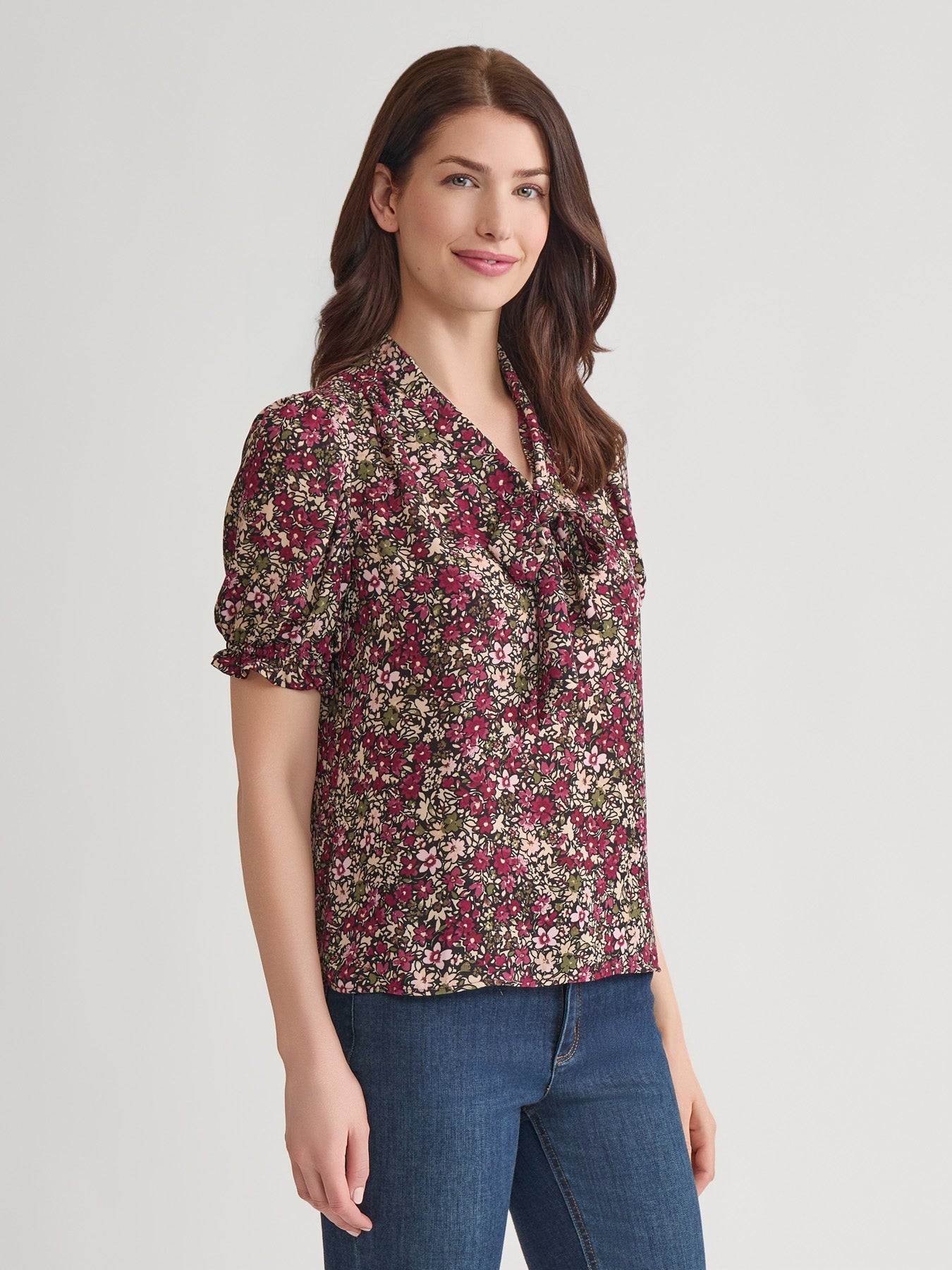 Plus Puff Sleeve Tie Neck Shirt