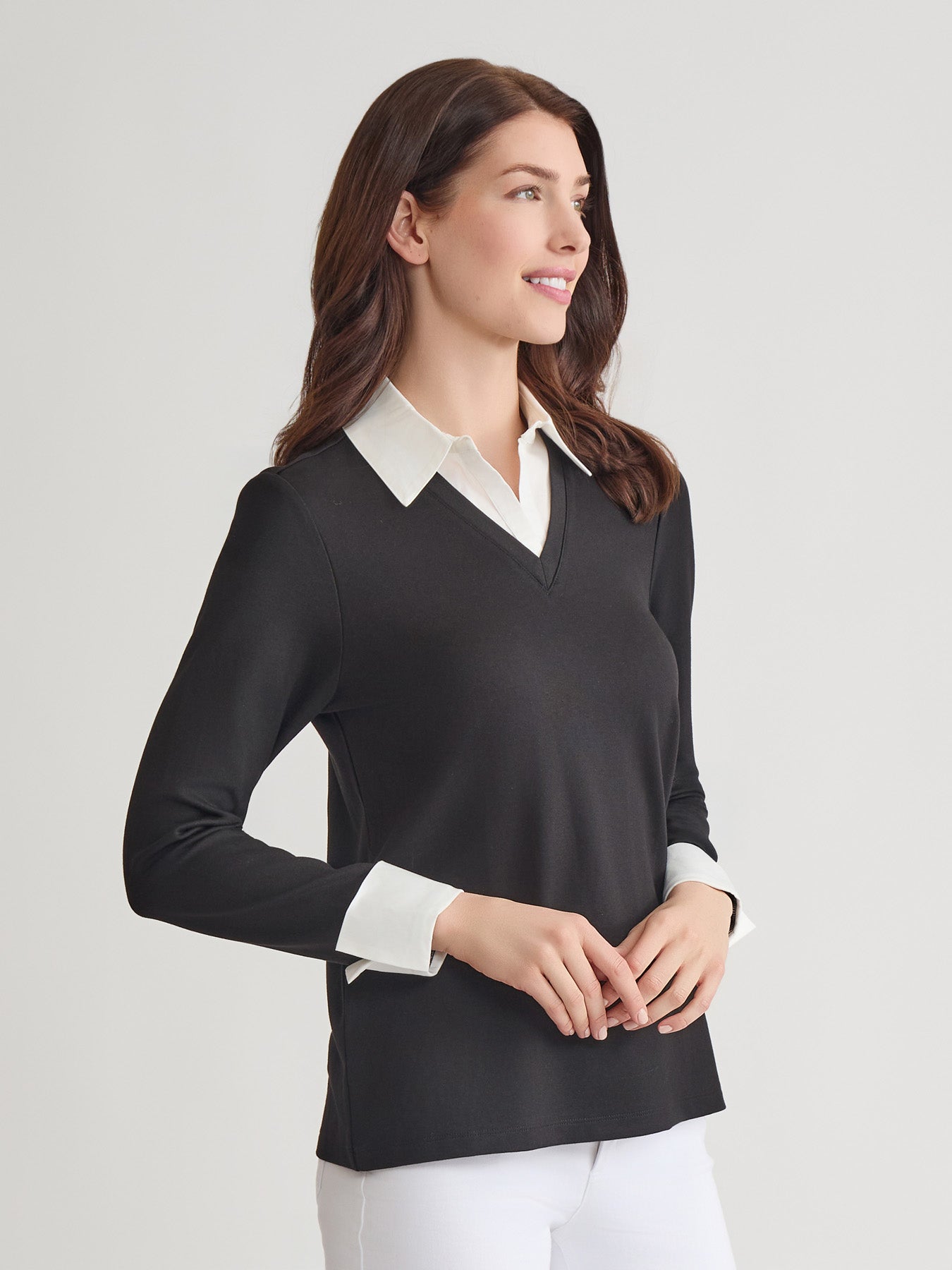 Petite Collared Shirt V-Neck Two-Fer Top