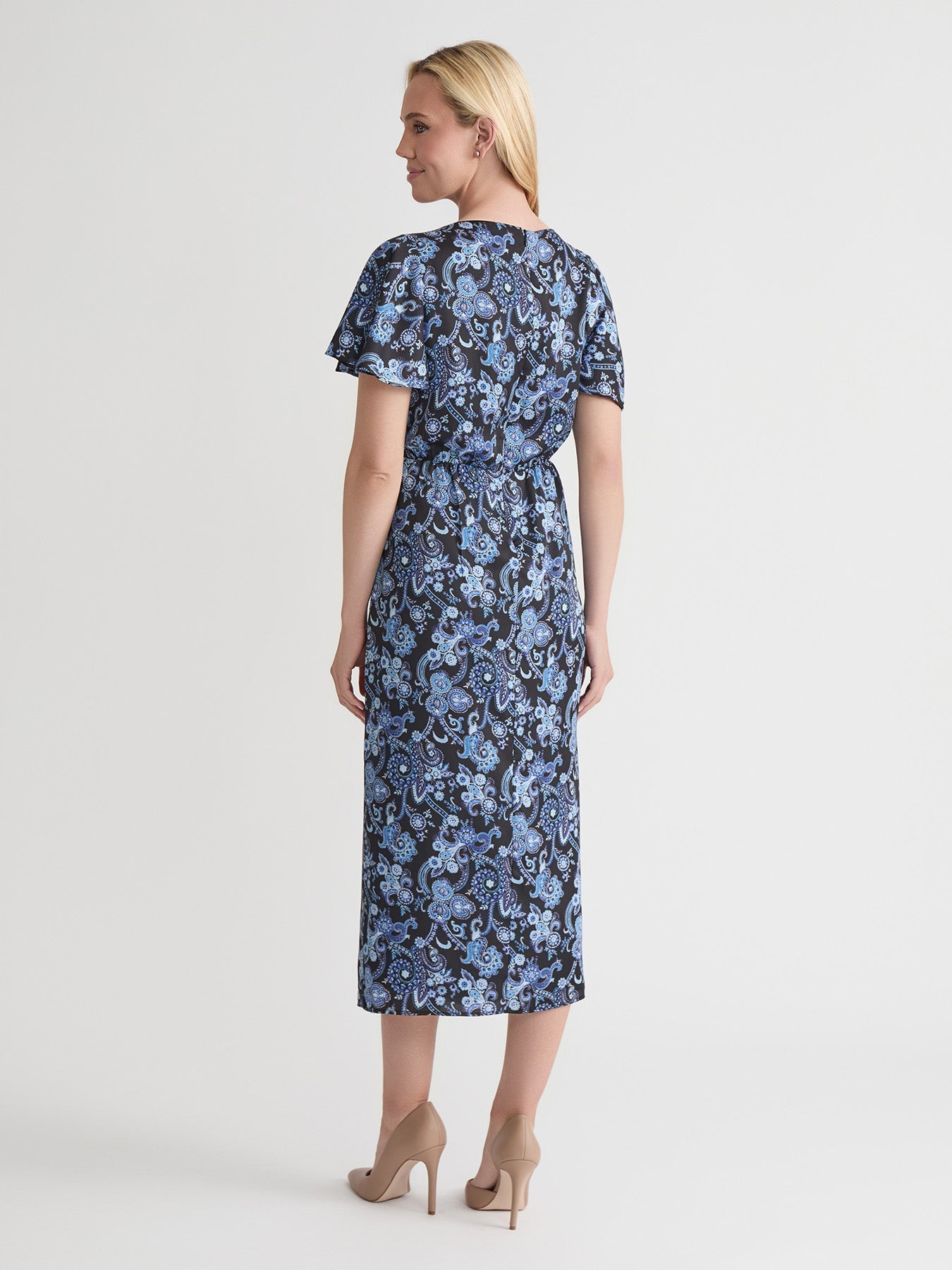 Flutter Sleeve Shirred Front Dress, Satin Twill