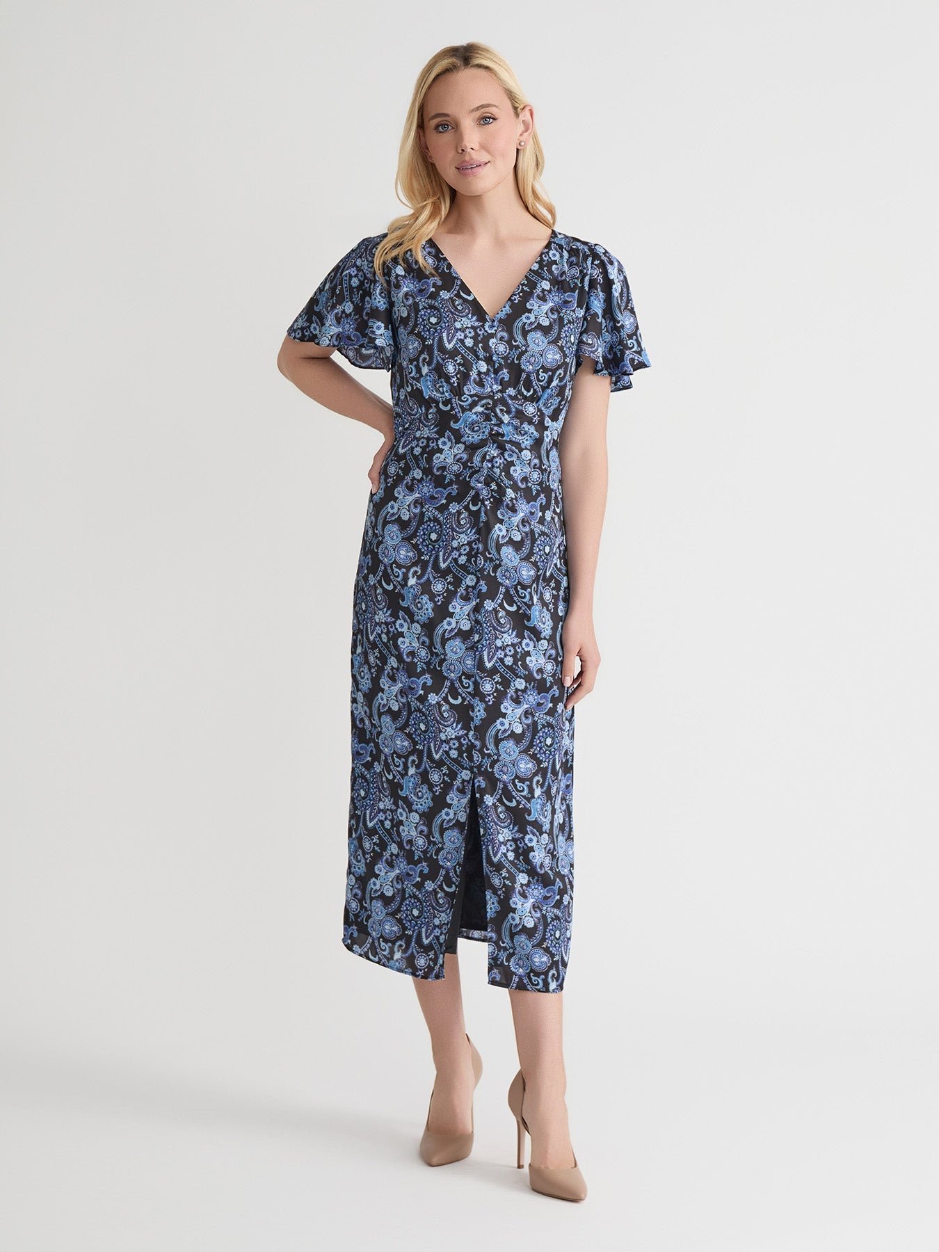 Flutter Sleeve Shirred Front Dress, Satin Twill