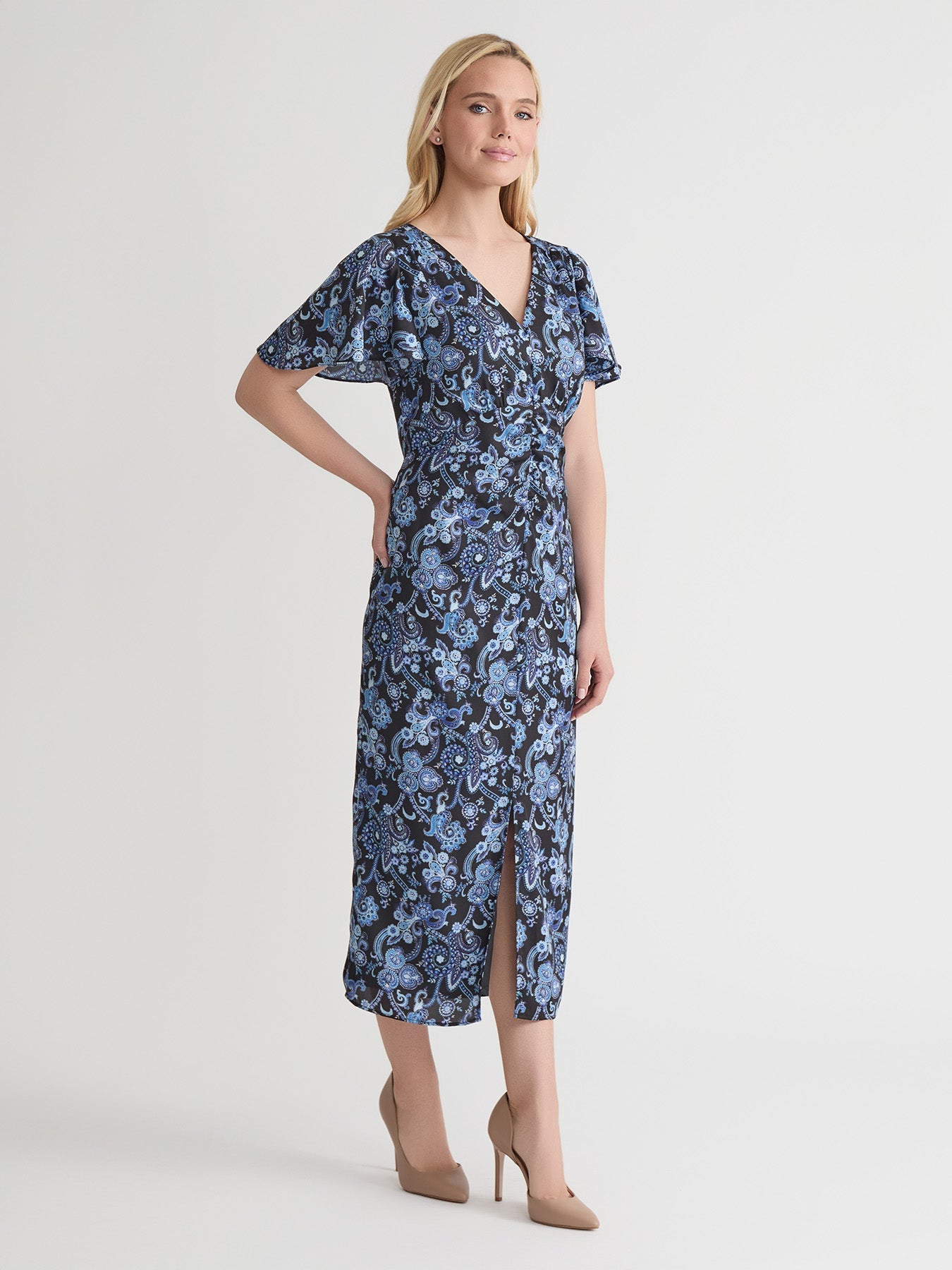 Petite Long Sleeve Belted Shirt Dress, Flat Satin