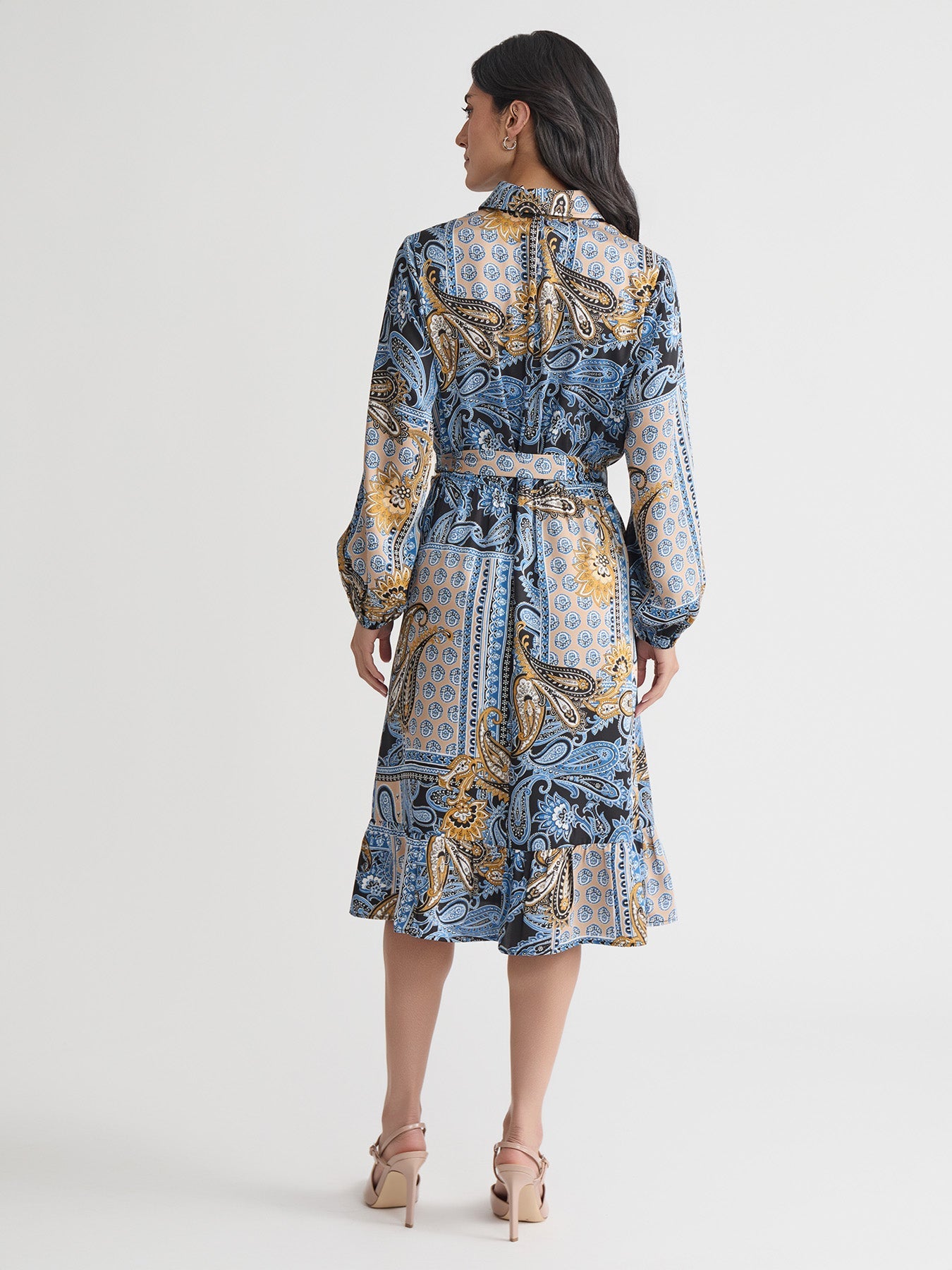 Long Sleeve Belted Shirt Dress, Flat Satin