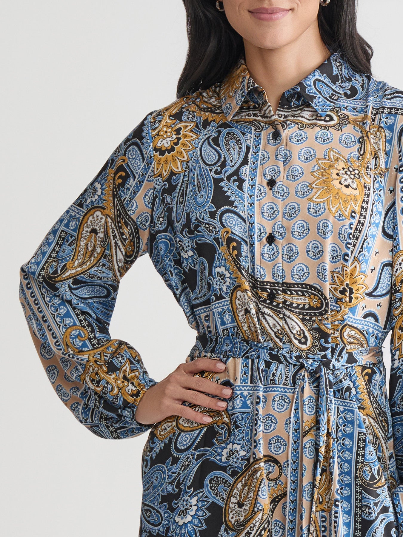Plus Long Sleeve Belted Shirt Dress, Flat Satin
