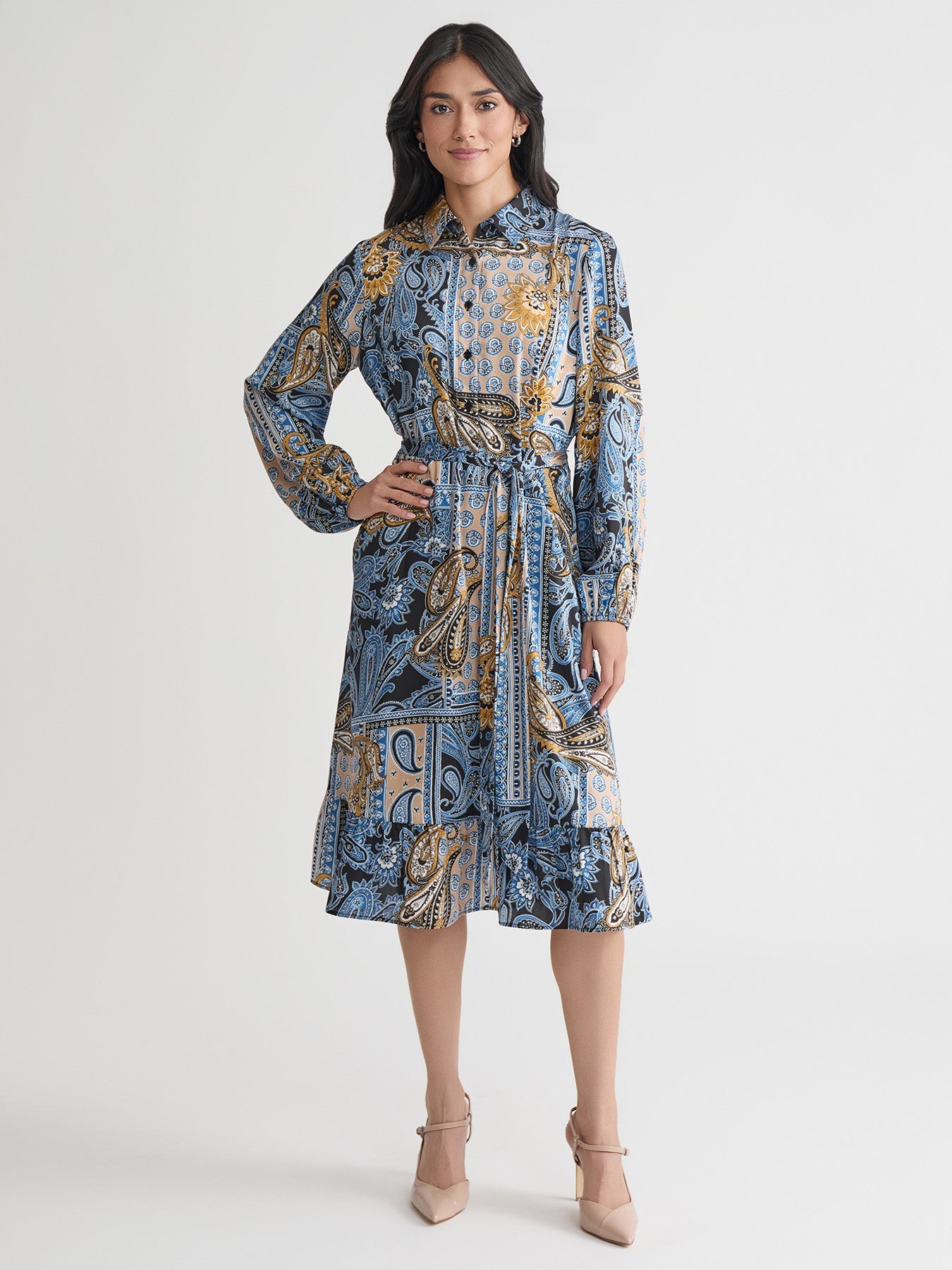 Long Sleeve Belted Shirt Dress, Flat Satin