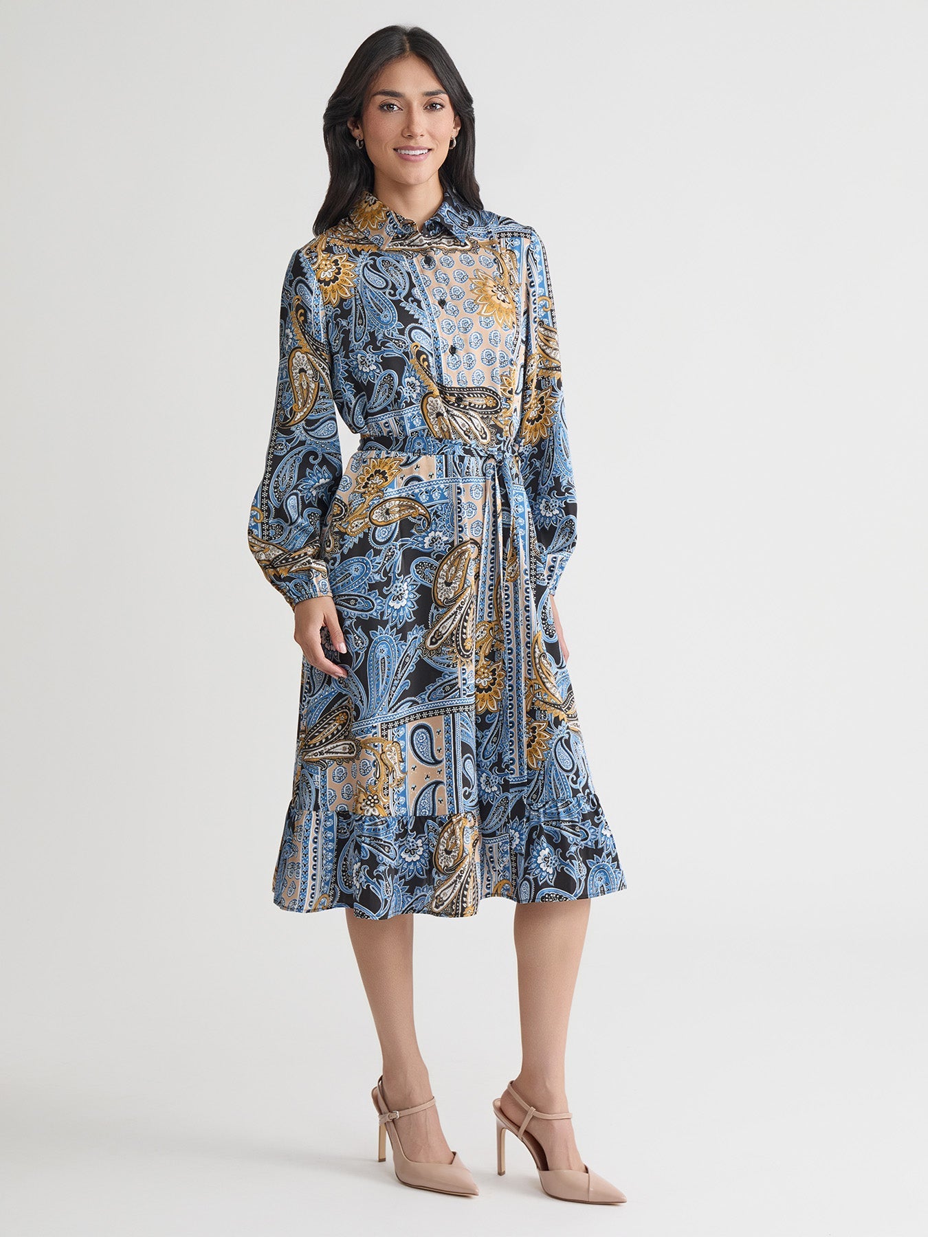 Plus Long Sleeve Belted Shirt Dress, Flat Satin