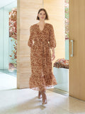 V-Neck Belted Maxi Dress, Printed Chiffon