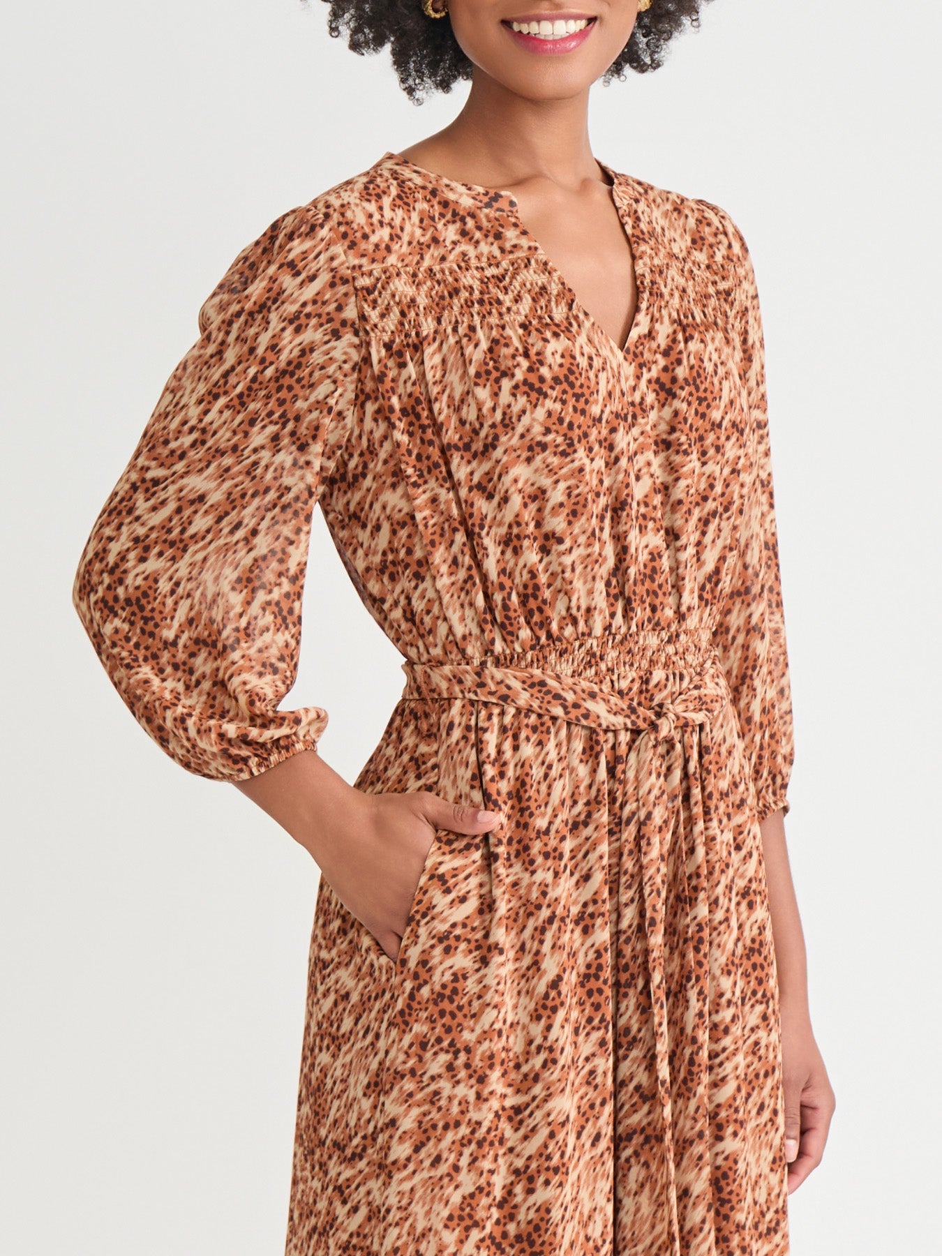 V-Neck Belted Maxi Dress, Printed Chiffon