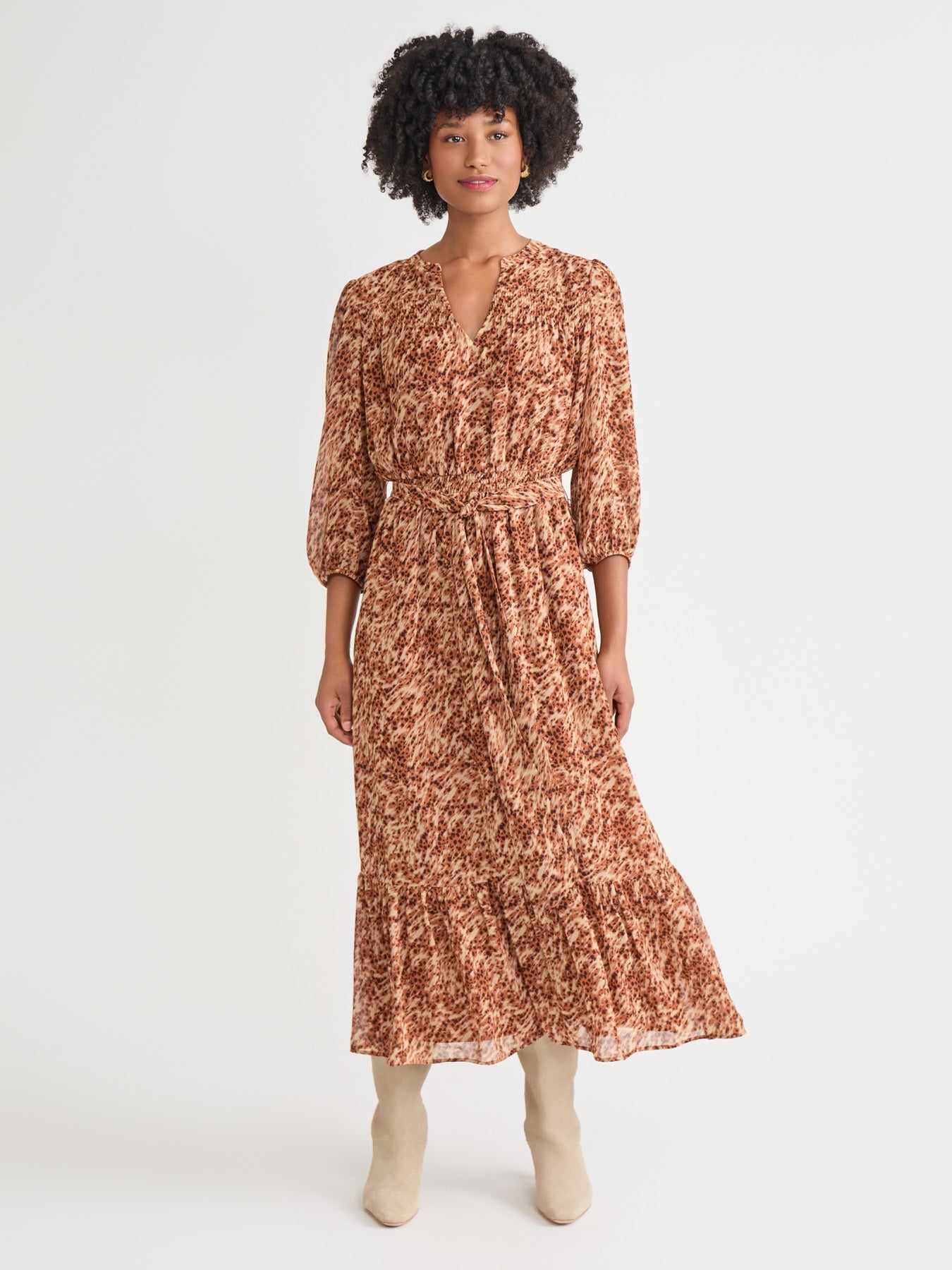 V-Neck Belted Maxi Dress, Printed Chiffon